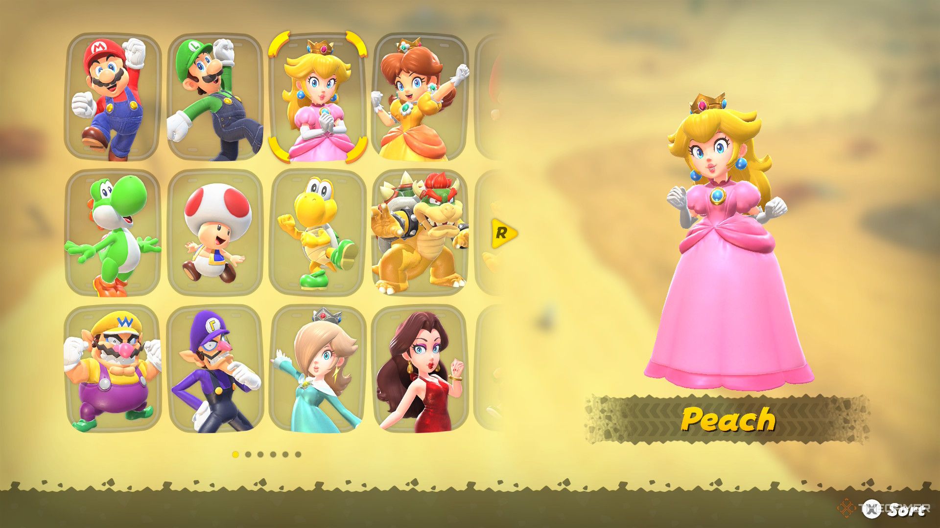 Peach on the Character of Mario Kart World's character.