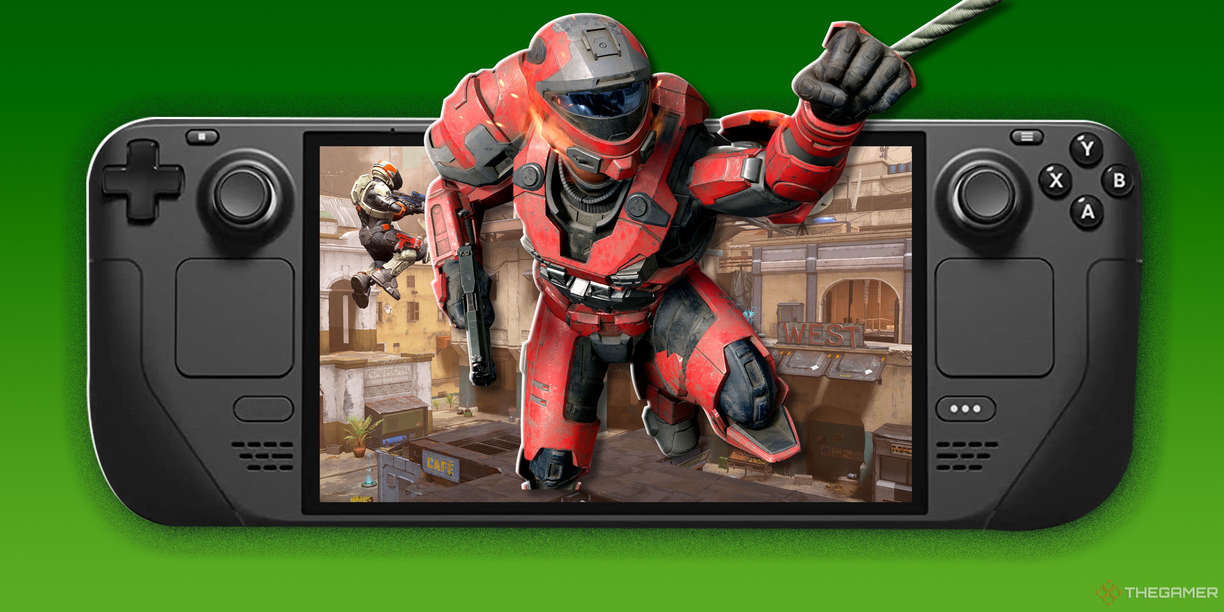 A Halo Spartan grappling out of a Steam Deck.