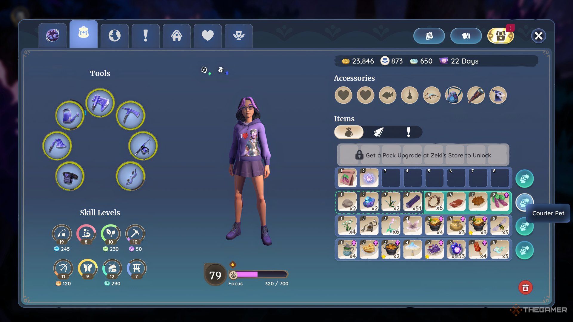 Screen screen showing inventory with Courier PET slots in Palia.