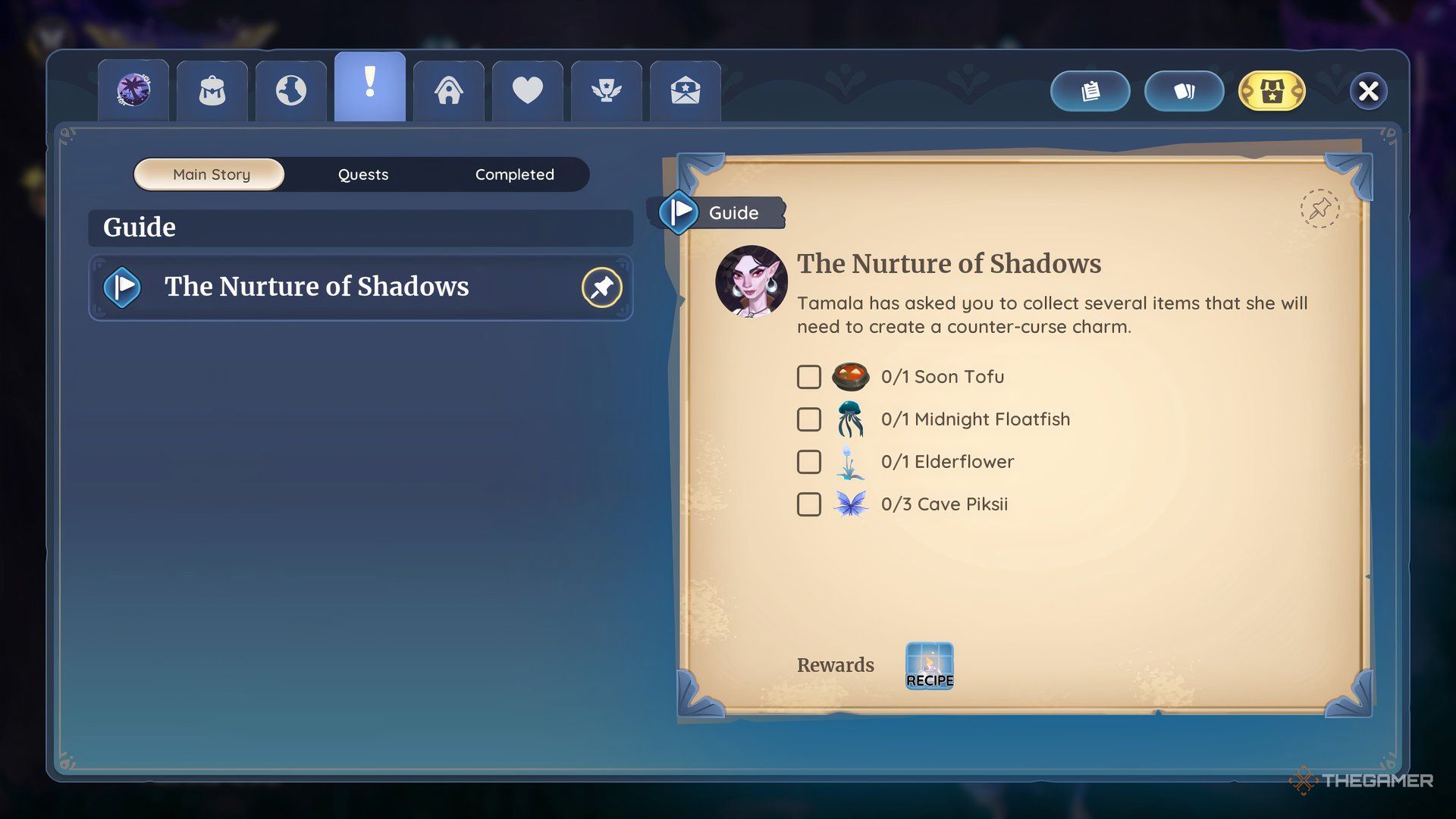 The care of shadow quest information in the menu in Palia.