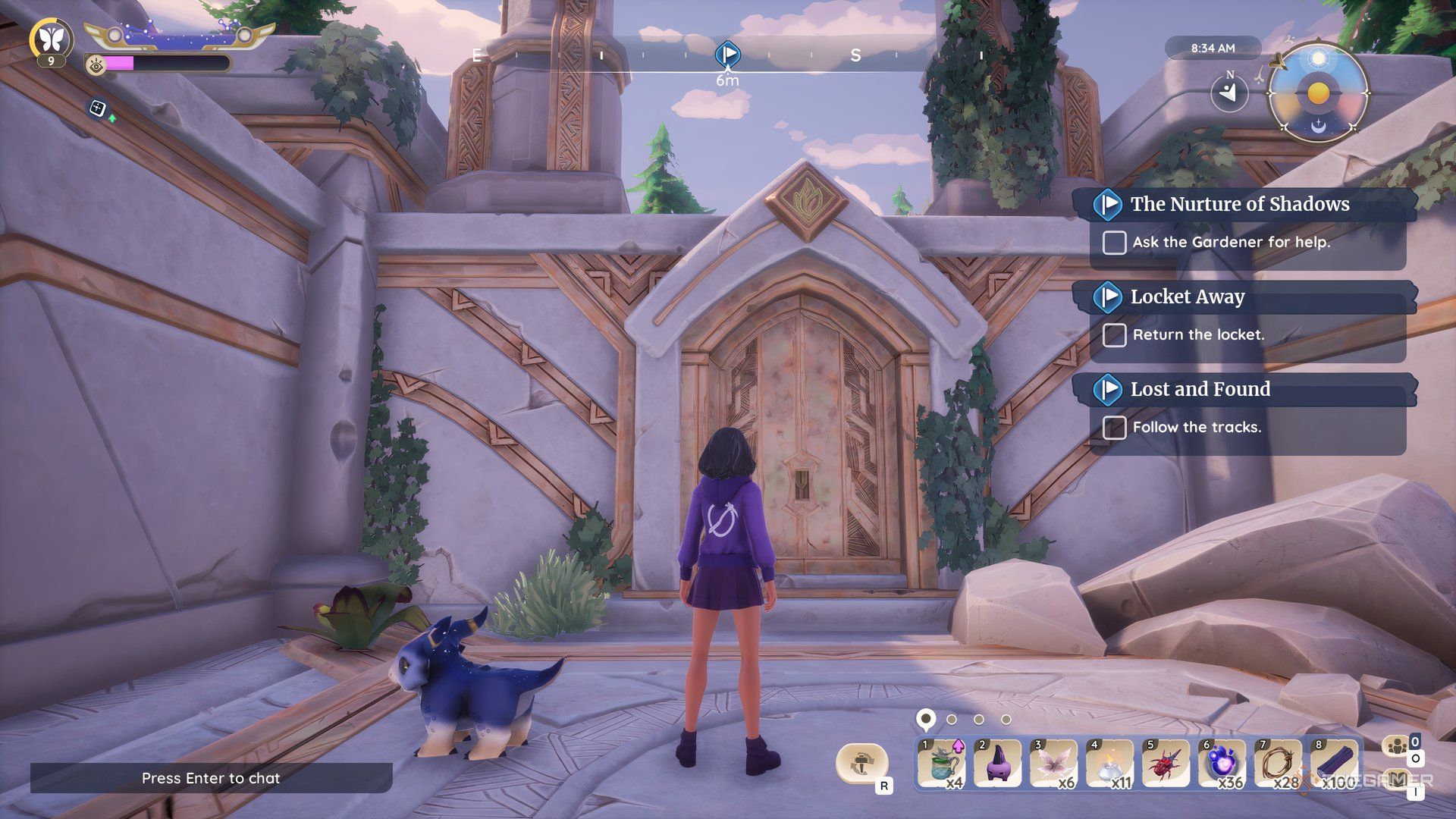 Stand in front of the door to the temple of the roots in Palia.