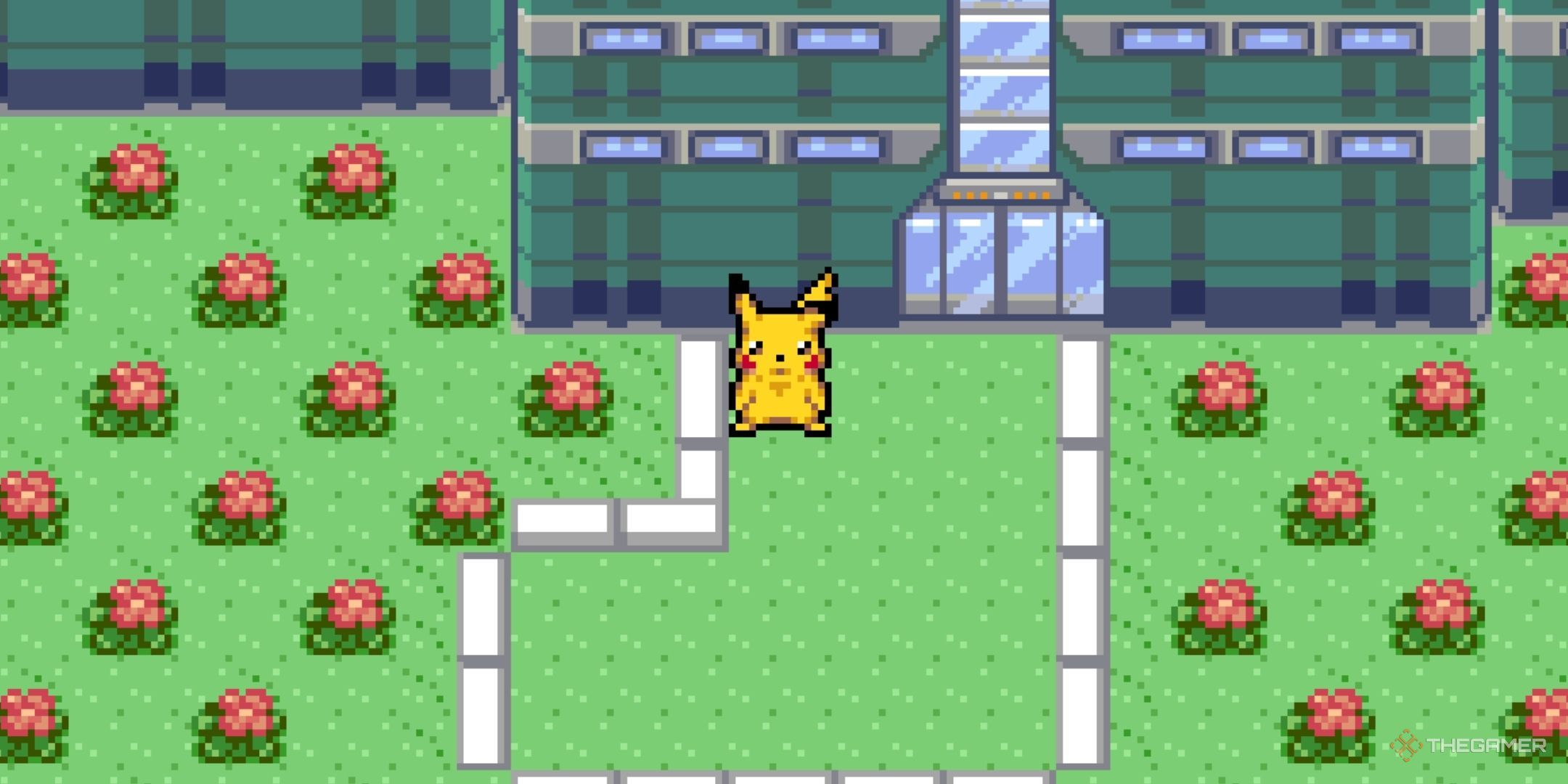 A Pikachu stands in front of a Pokemon Ruby Destiny Rangers building