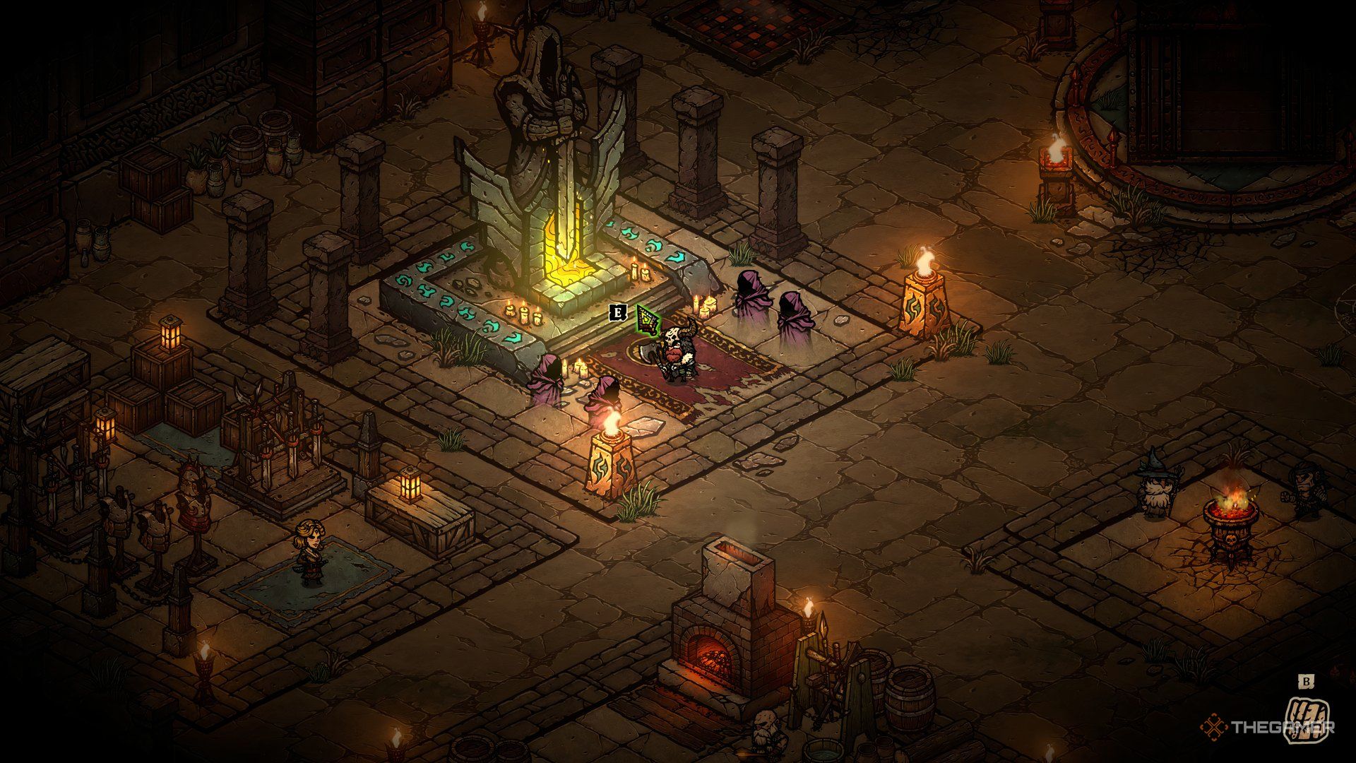 Altar blessing lined with purple individuals in the tower Babel Survivors of chaos.