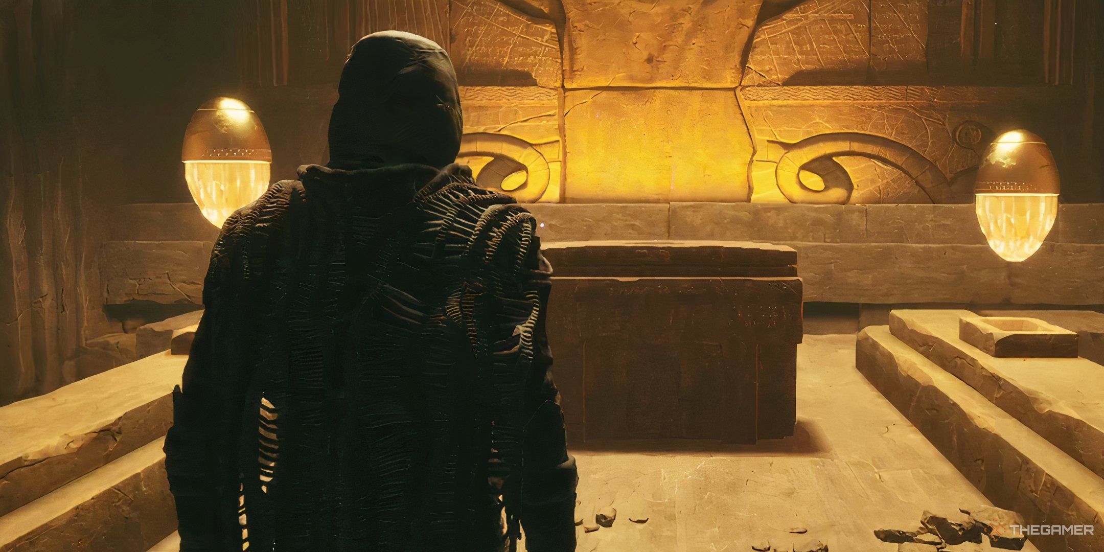 A player character in Dune: Awakening approaches an altar.