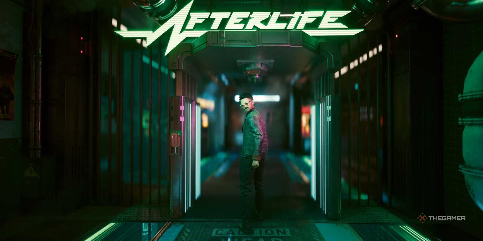 The character is about to enter a building called Afterlife in Cyberpunk 2077.