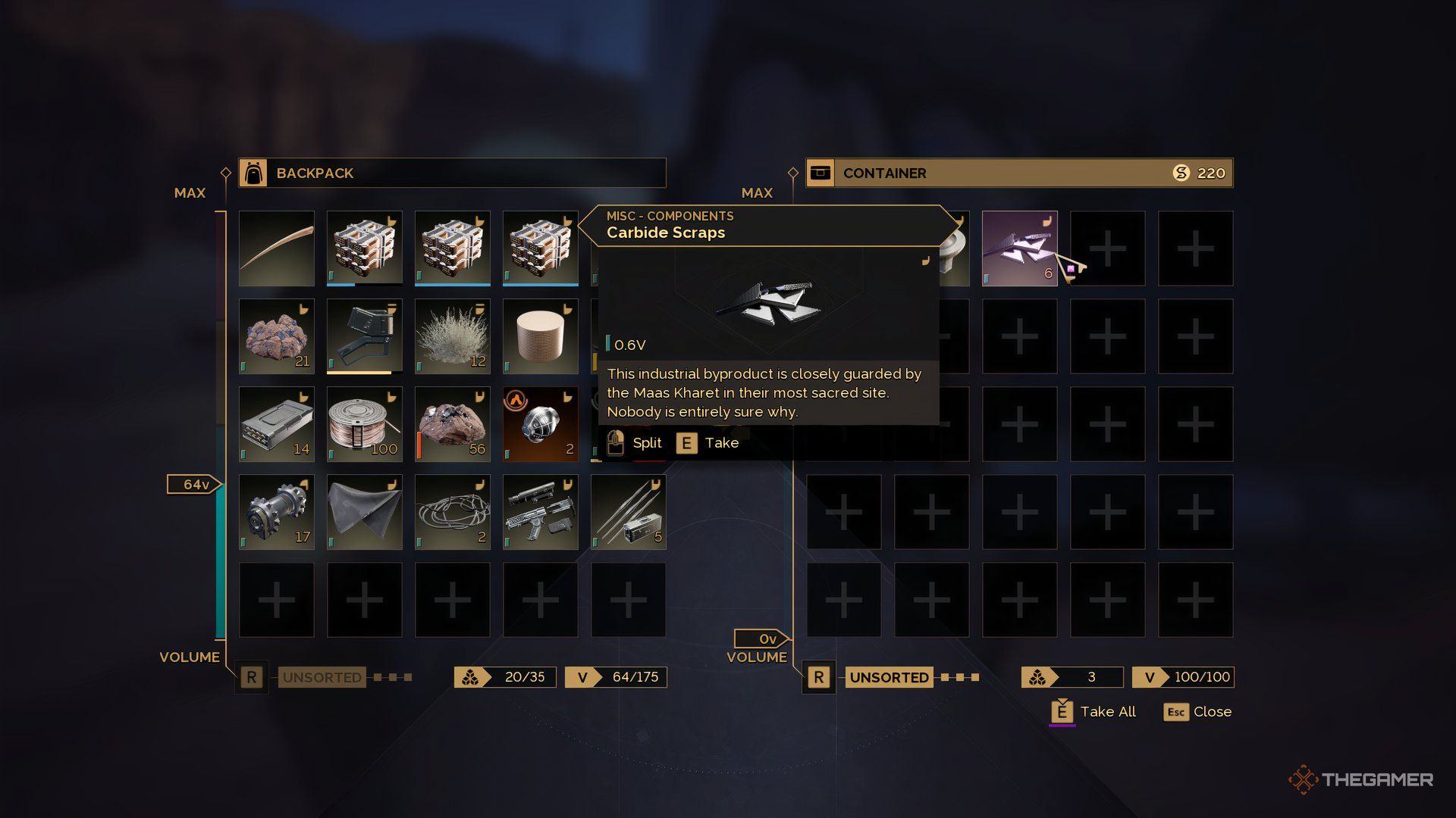 Dune's inventory menu: Wake up with the carbide scrap. 