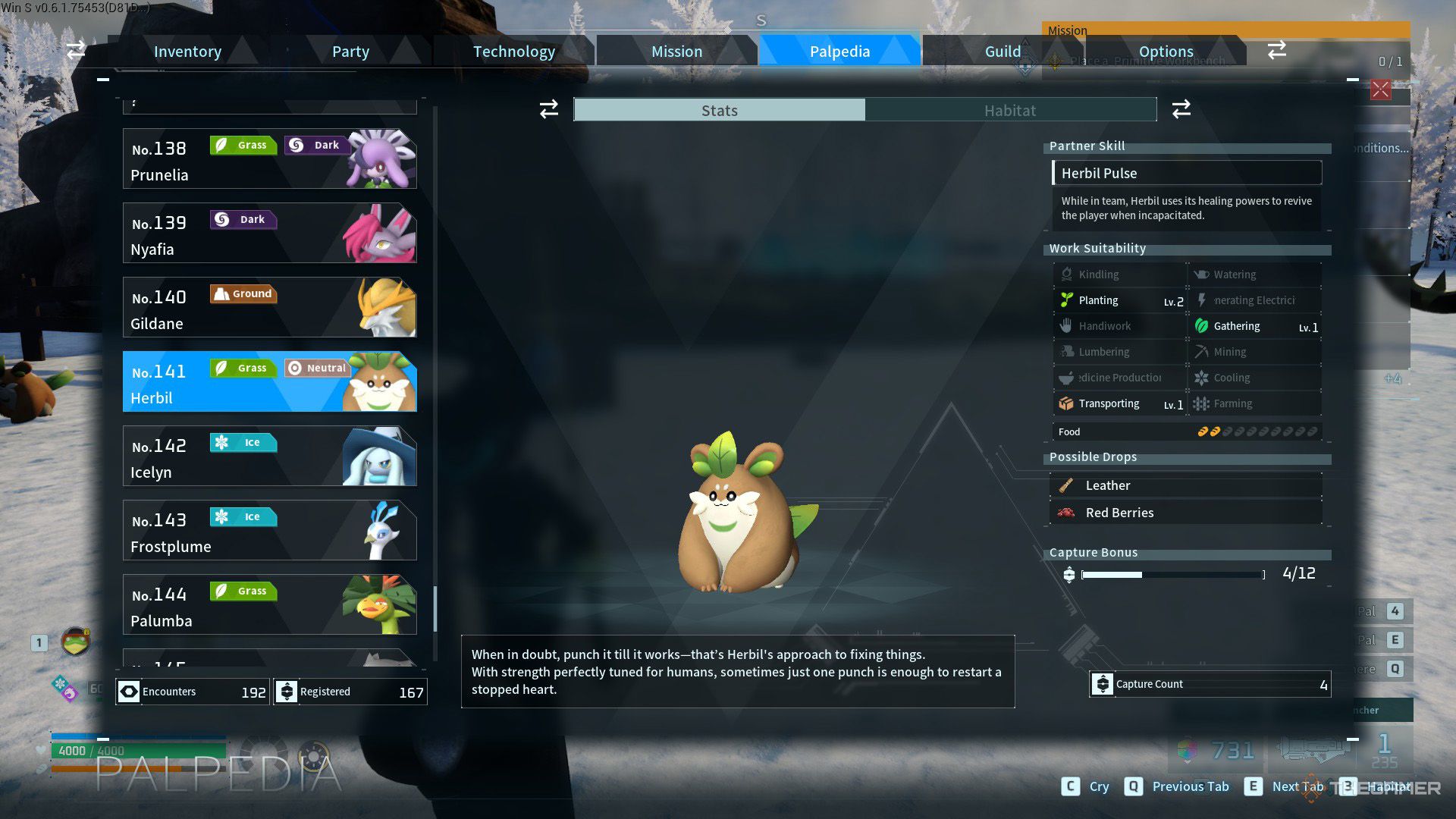 Herbil's palpedia entry displayed in Palworld.