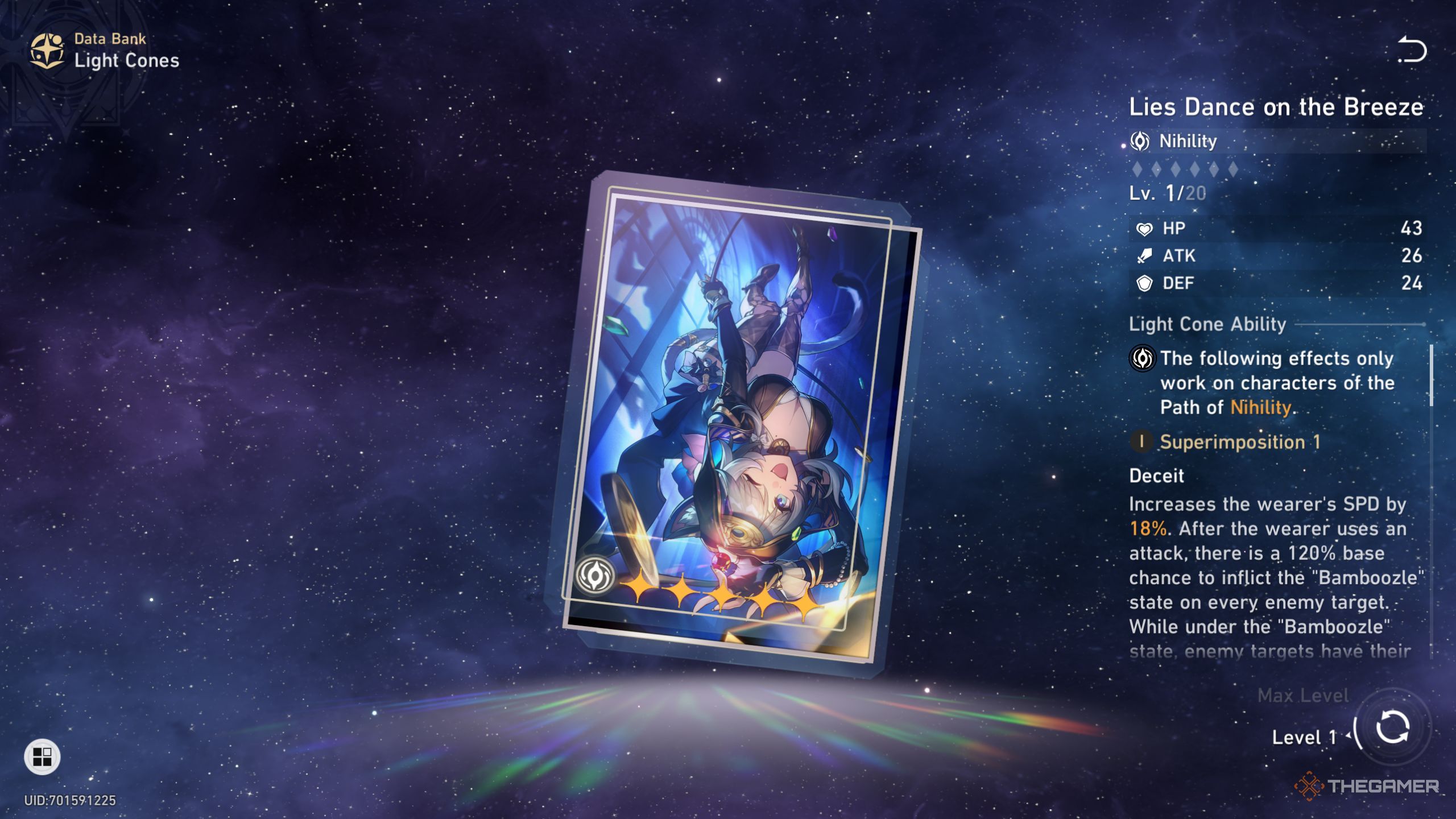 Honkai Star Rail Cipher Light Cone is called Lies Dance on the Breeze on the screen.