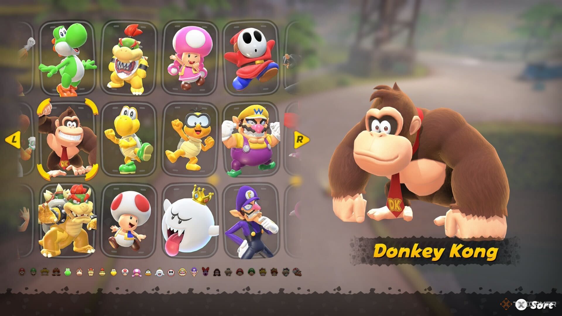 Donkey Kong in the character selection screen in Mario Kart World