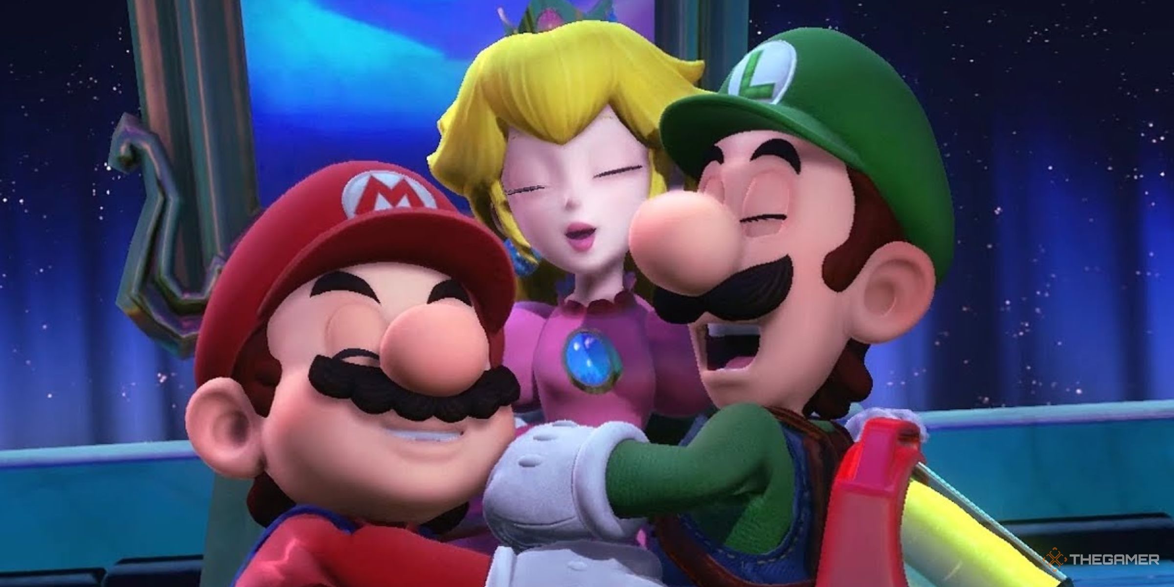 Luigi and Mario reuniting with Princess Peach at the end of Luigi's Mansion 3.