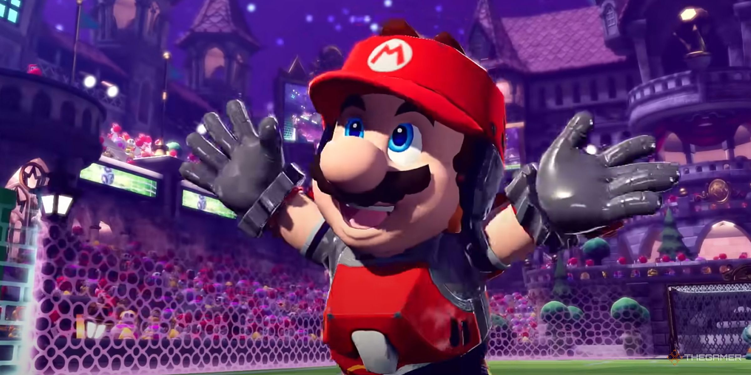 Mario celebrating a win to his fans in Mario Strikers: Battle League.