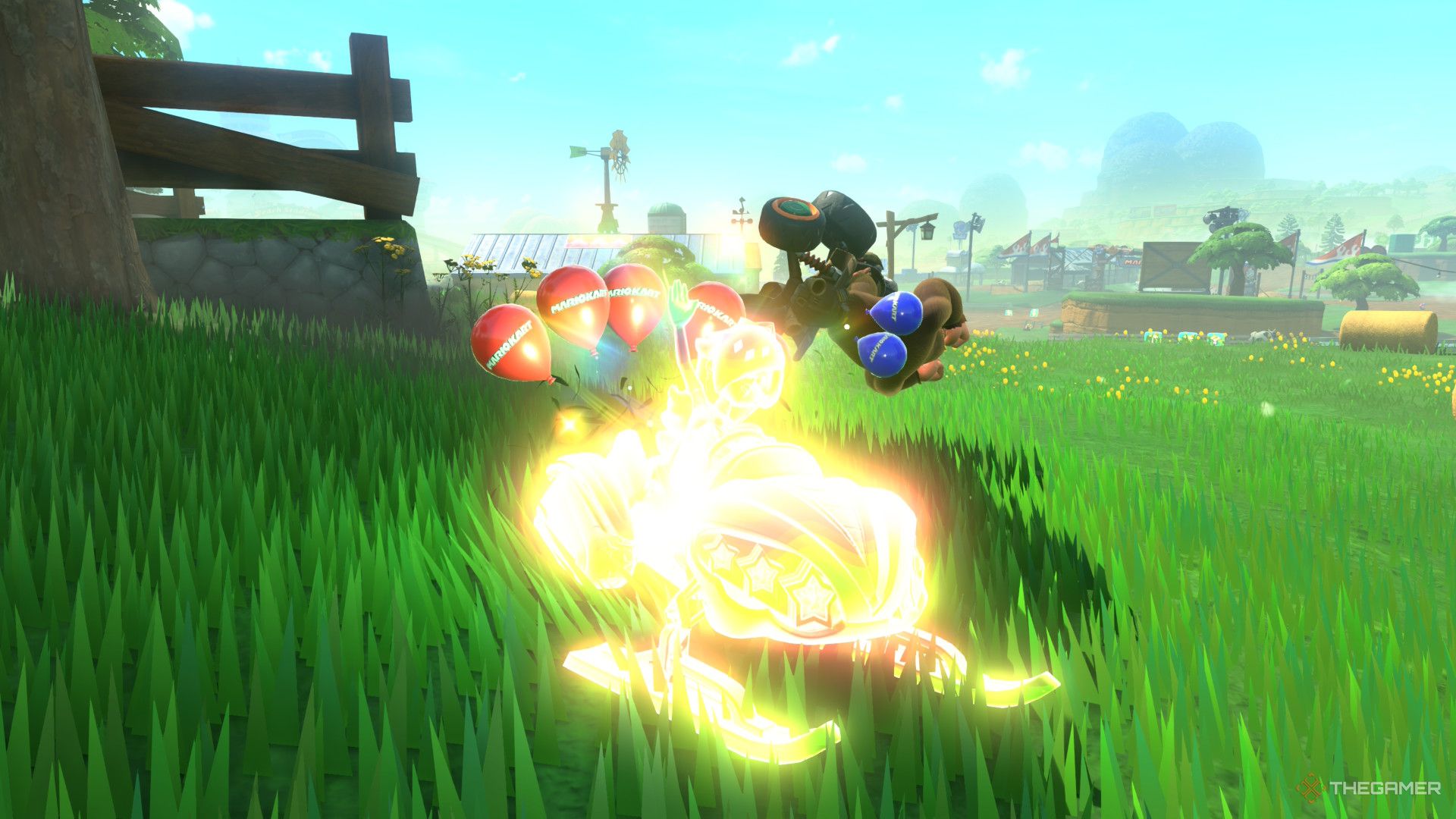 Rosalina bumping into Donkey Kong with Super Star power activated, popping one of his balloons in Mario Kart World's Balloon Battle mode.