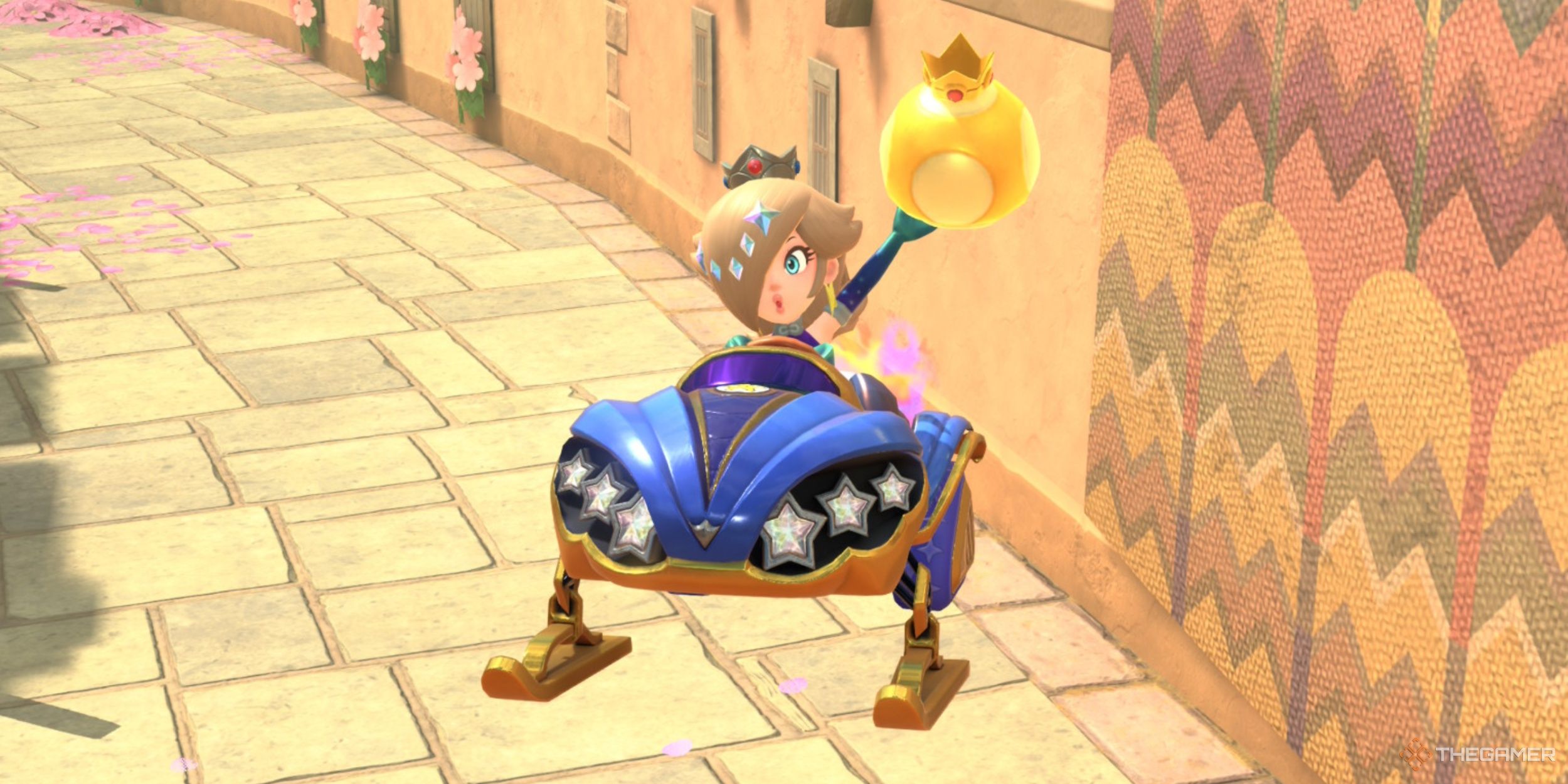 Aurora Rosalina using a Golden Mushroom to gain a substantial speed boost in Mario Kart World.