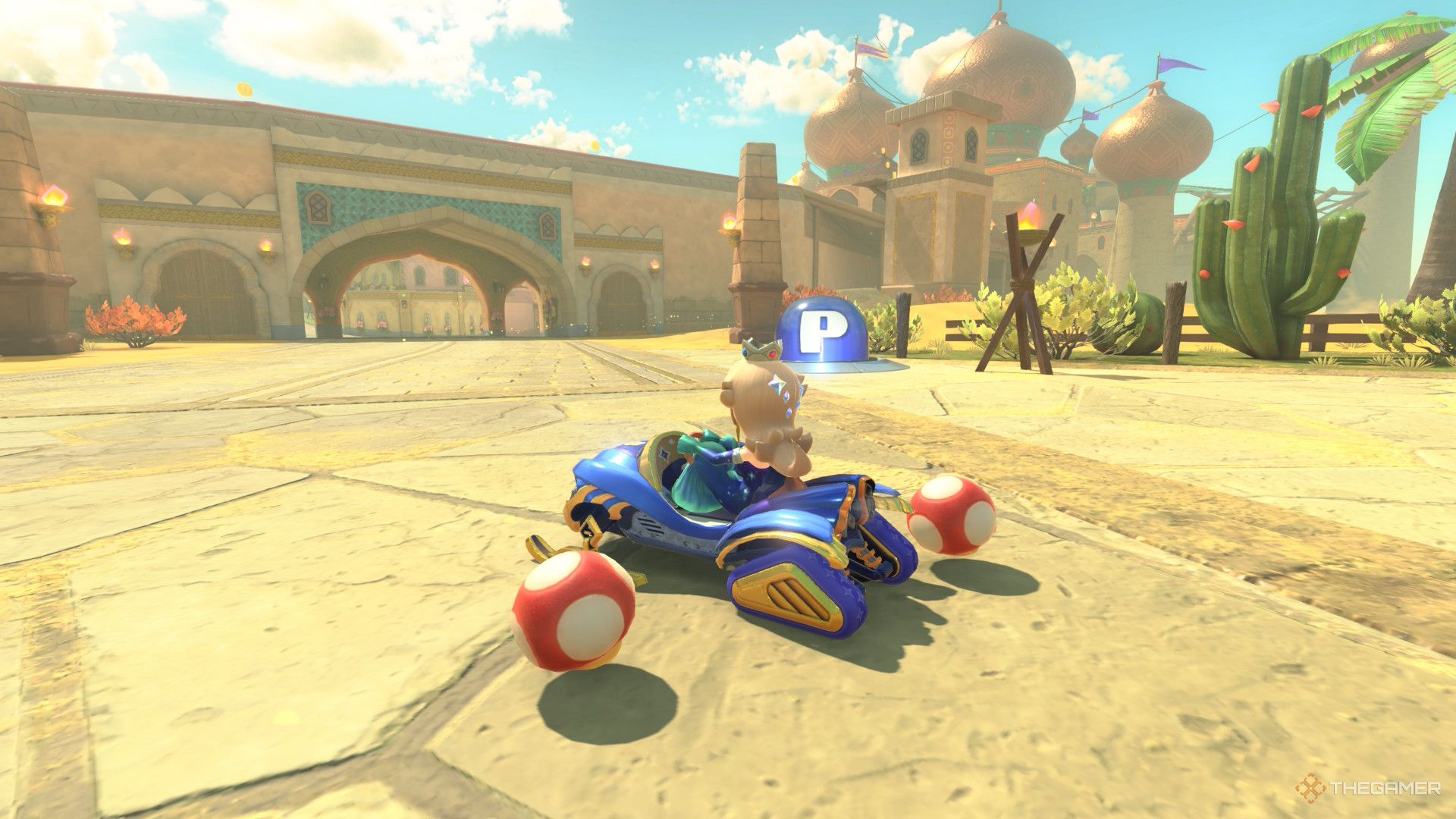 Aurora Rosalina staring at a P-Switch before activating it to begin a mission in Mario Kart World's Free Roam mode.