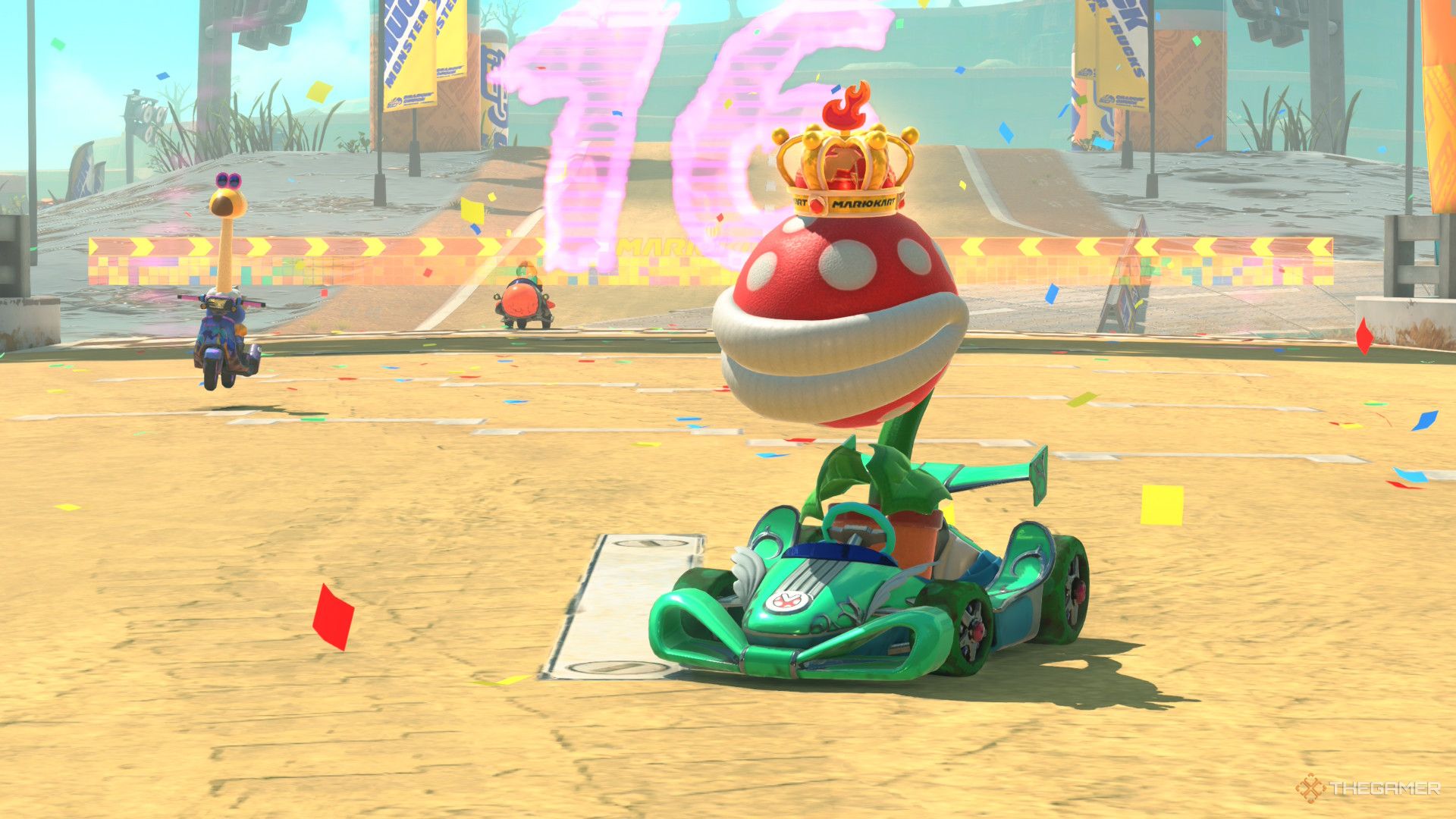 The Piranha Plant wearing the Rally Crown due to currently being in the lead during Knockout Mode in Mario Kart World.
