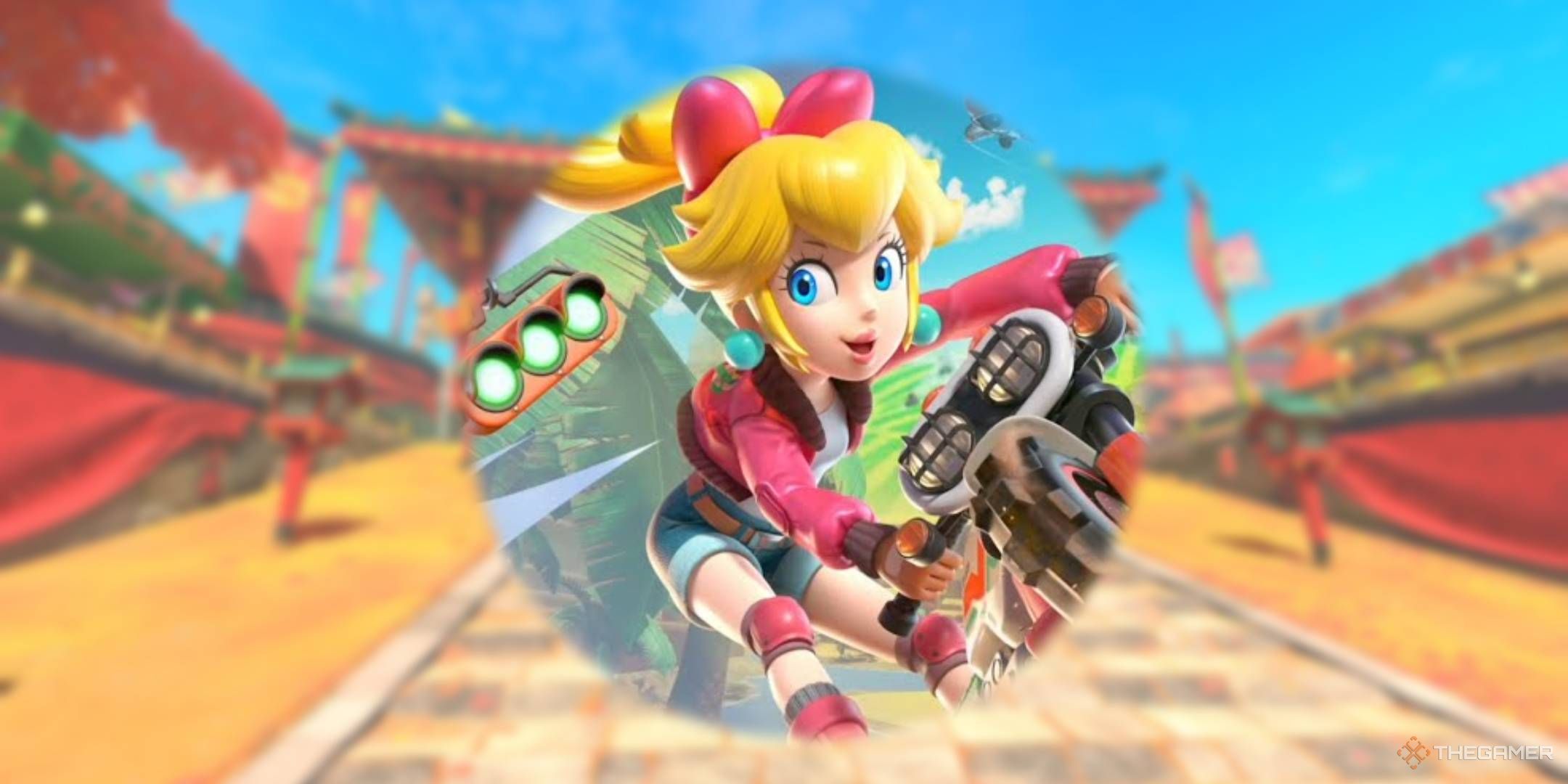 Mario Kart World Peach Knockout Tour render on Cheep Cheep Falls background.