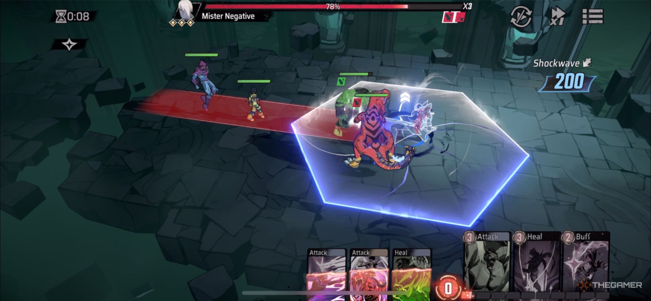 Mister Negative attacks every hero in a straight line in Marvel Mystic Mayhem.