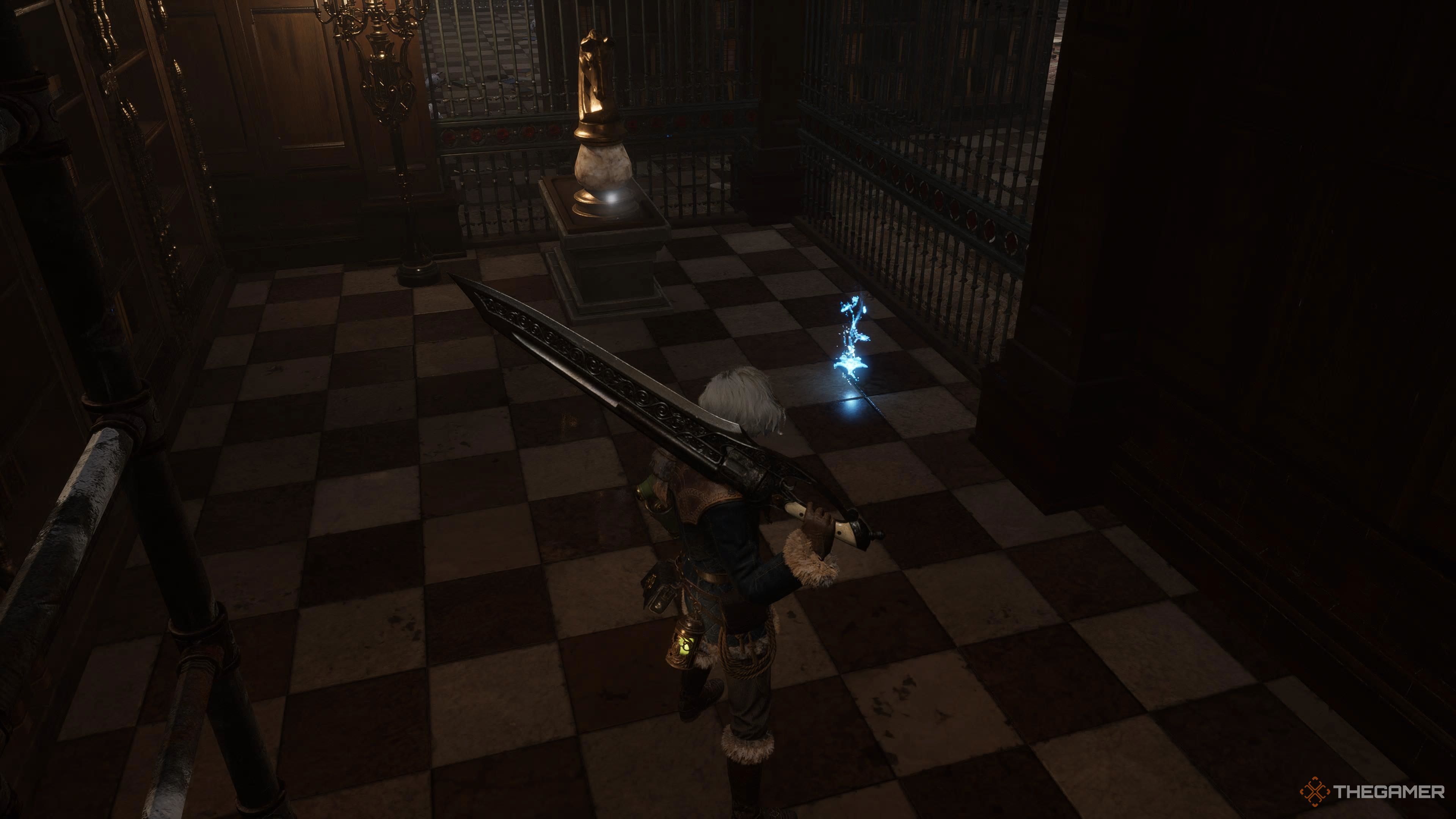 P standing in front of the first switch in the Monad Charity House in Lies Of P Overture.