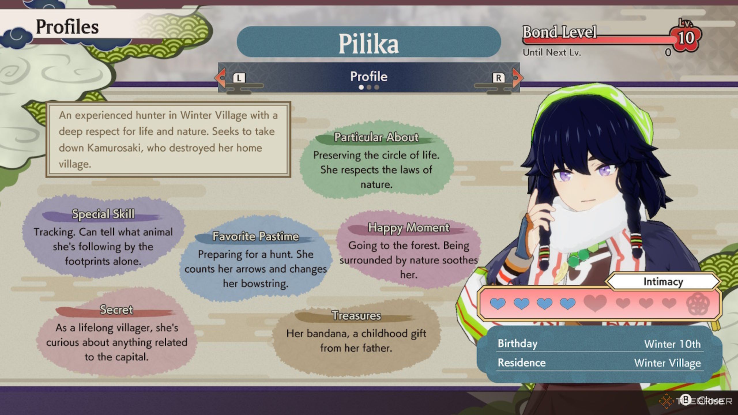 Rune Factory Guardians Of Azuma Pilika overview screen with bond level ten.
