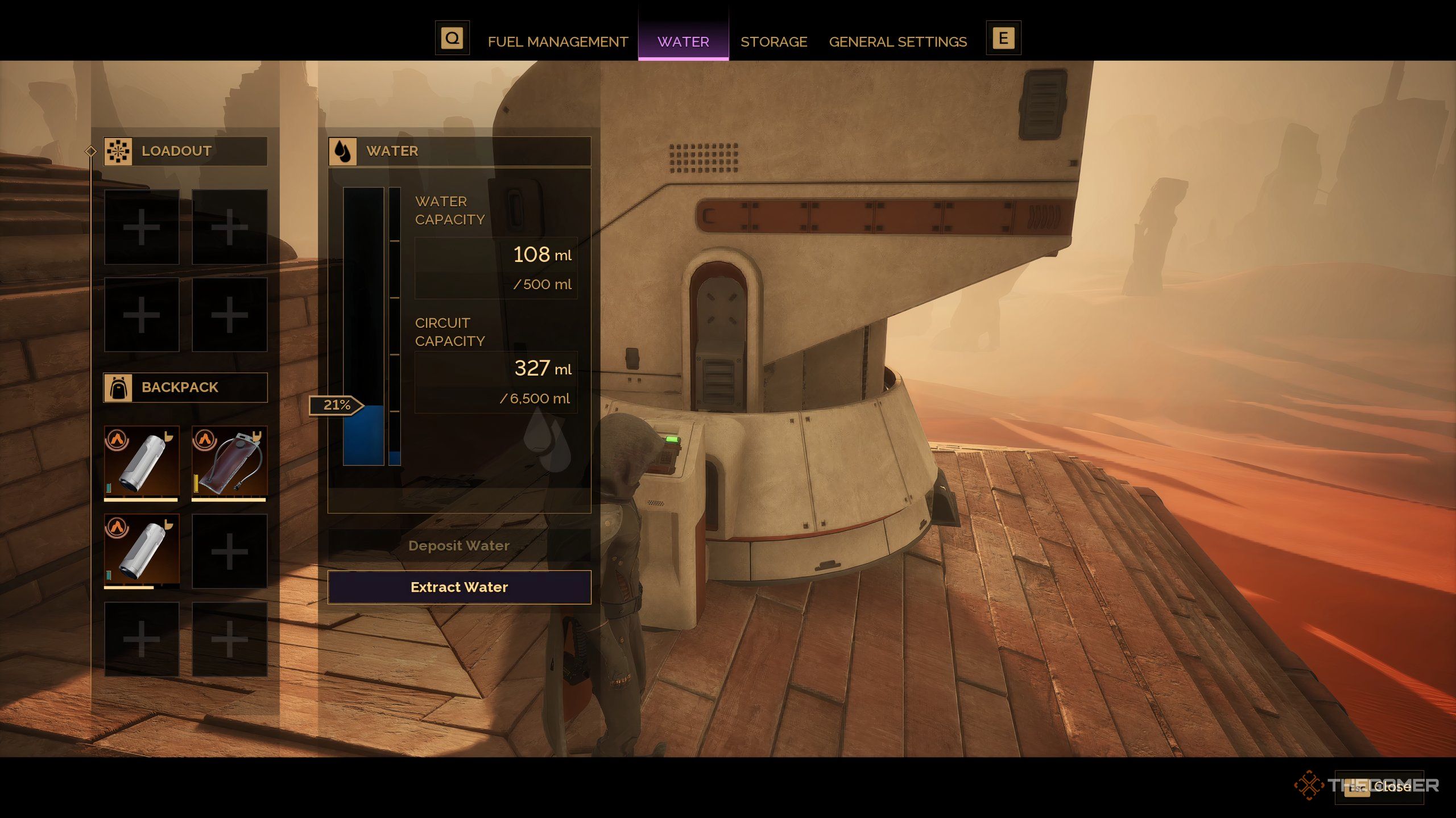 The character of the player in the dune: Awakening checks the storage of water on their wind.