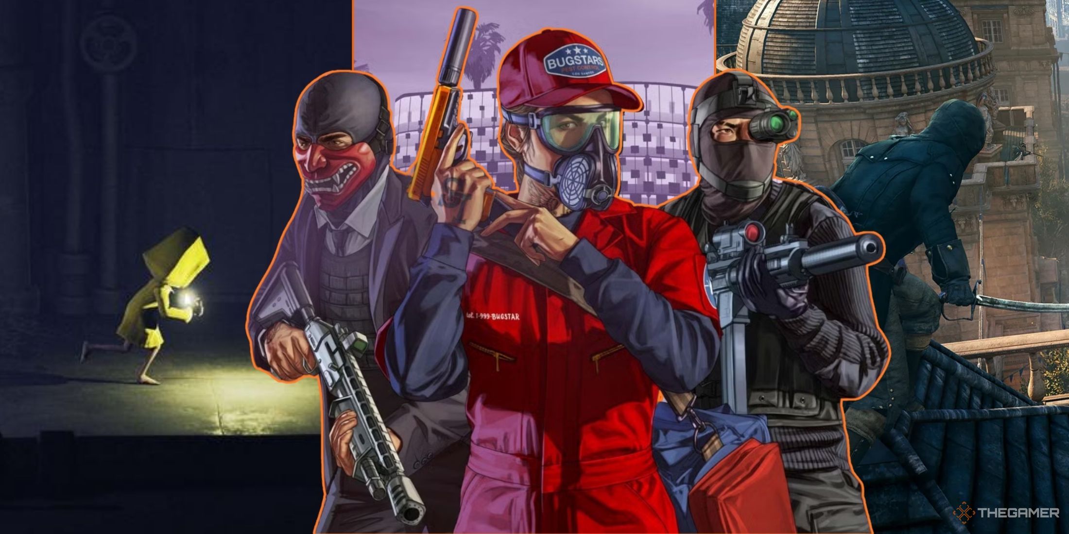 Split image of three games that feature stealth sections, like Little Nightmares, GTA Online, and AC Unity.
