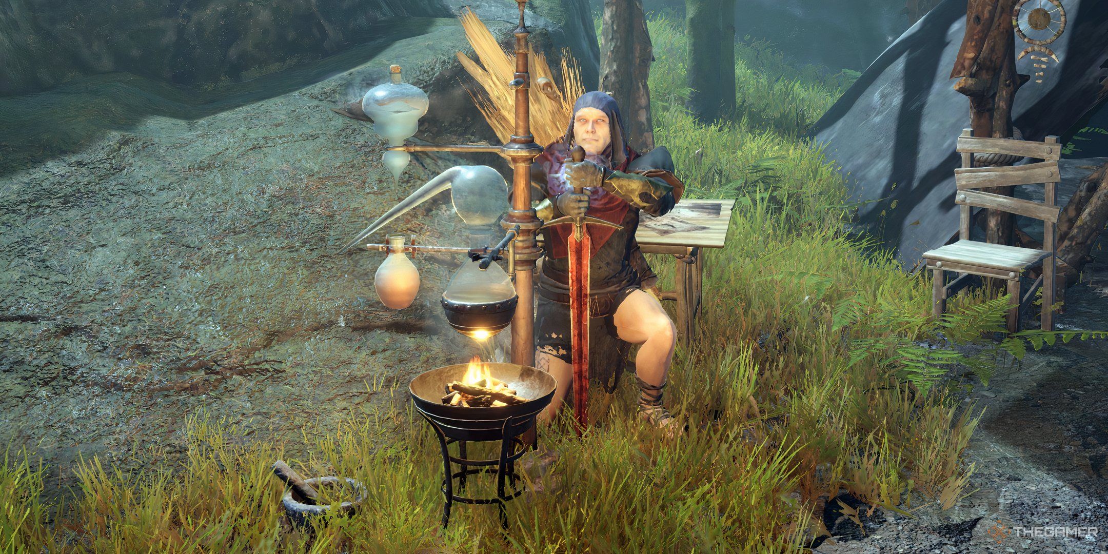 The main character poses next to an Alchemy station in Tainted Grail: The Fall Of Avalon.