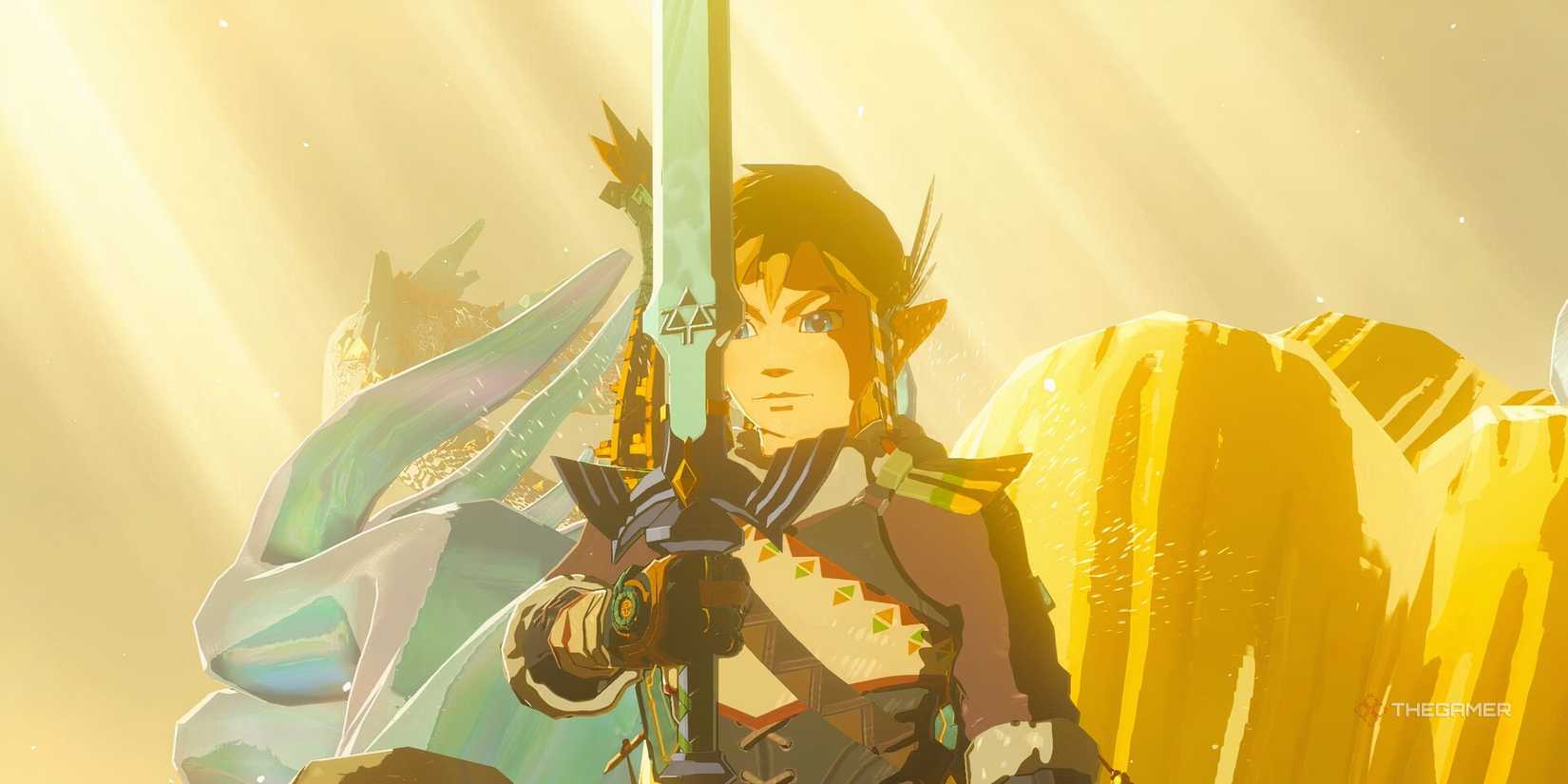 Link holding the Master Sword in The Legend of Zelda: Tears of the Kingdom.