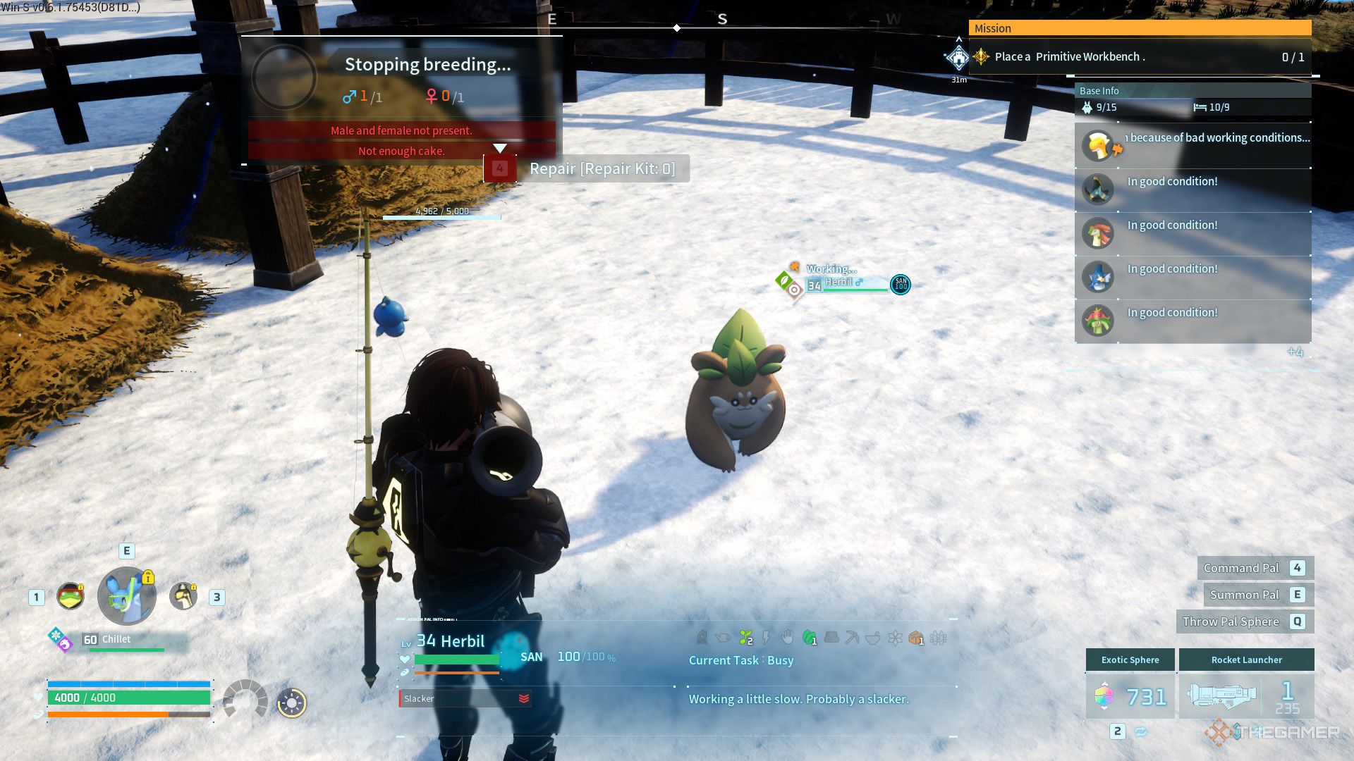 The player is checking a Herbil inside a breeding farm in Palworld.
