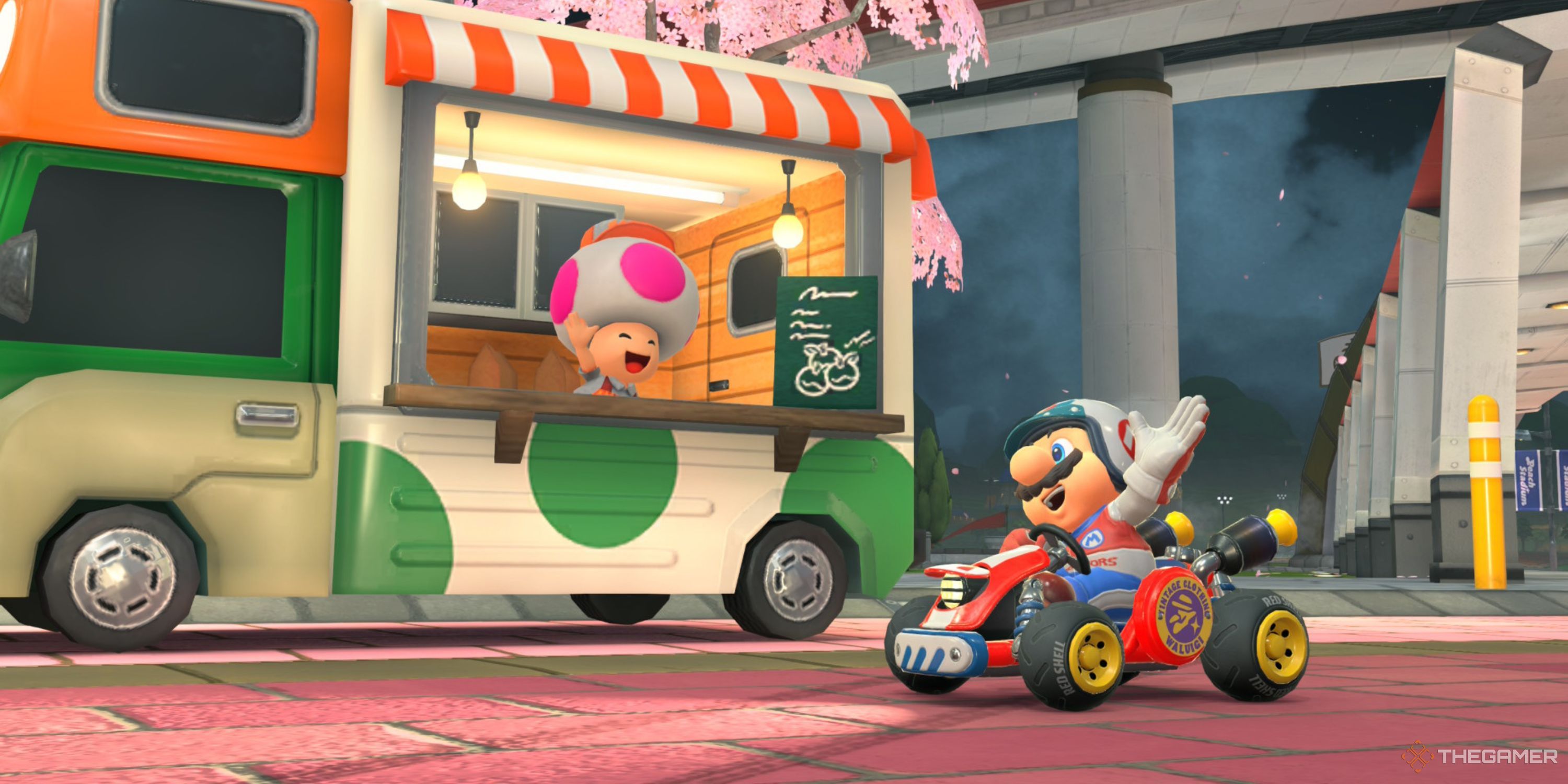 Pro Racer Mario waves to a toad in Mario Kart World.