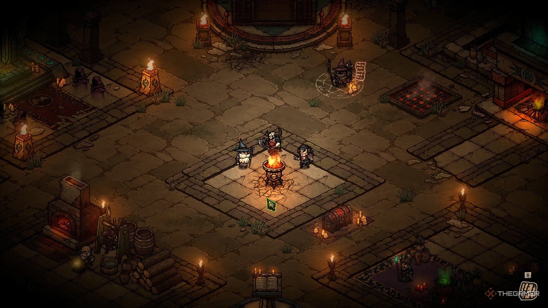 Warrior, Wizard and Brawler around the blazing Brazier in the Babel Survivors of Chaos.