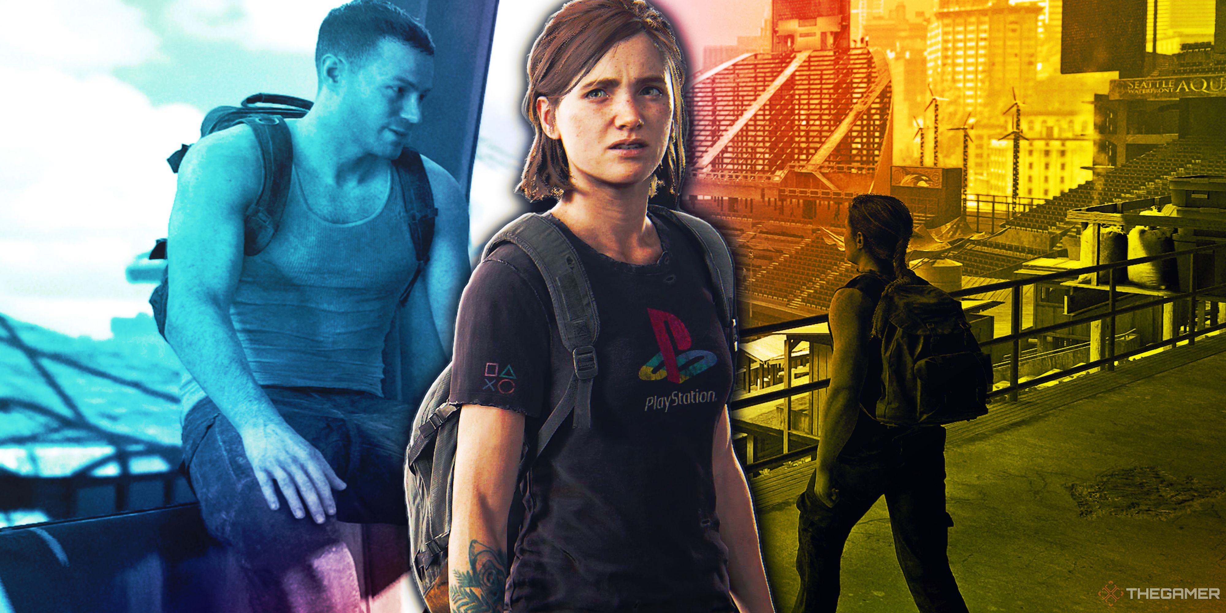A split image with young Owen from The Last of Us Part 2 on the left, Abby walkng into the WLF stadium on the right, and Ellie in a PlayStation shirt in the center.