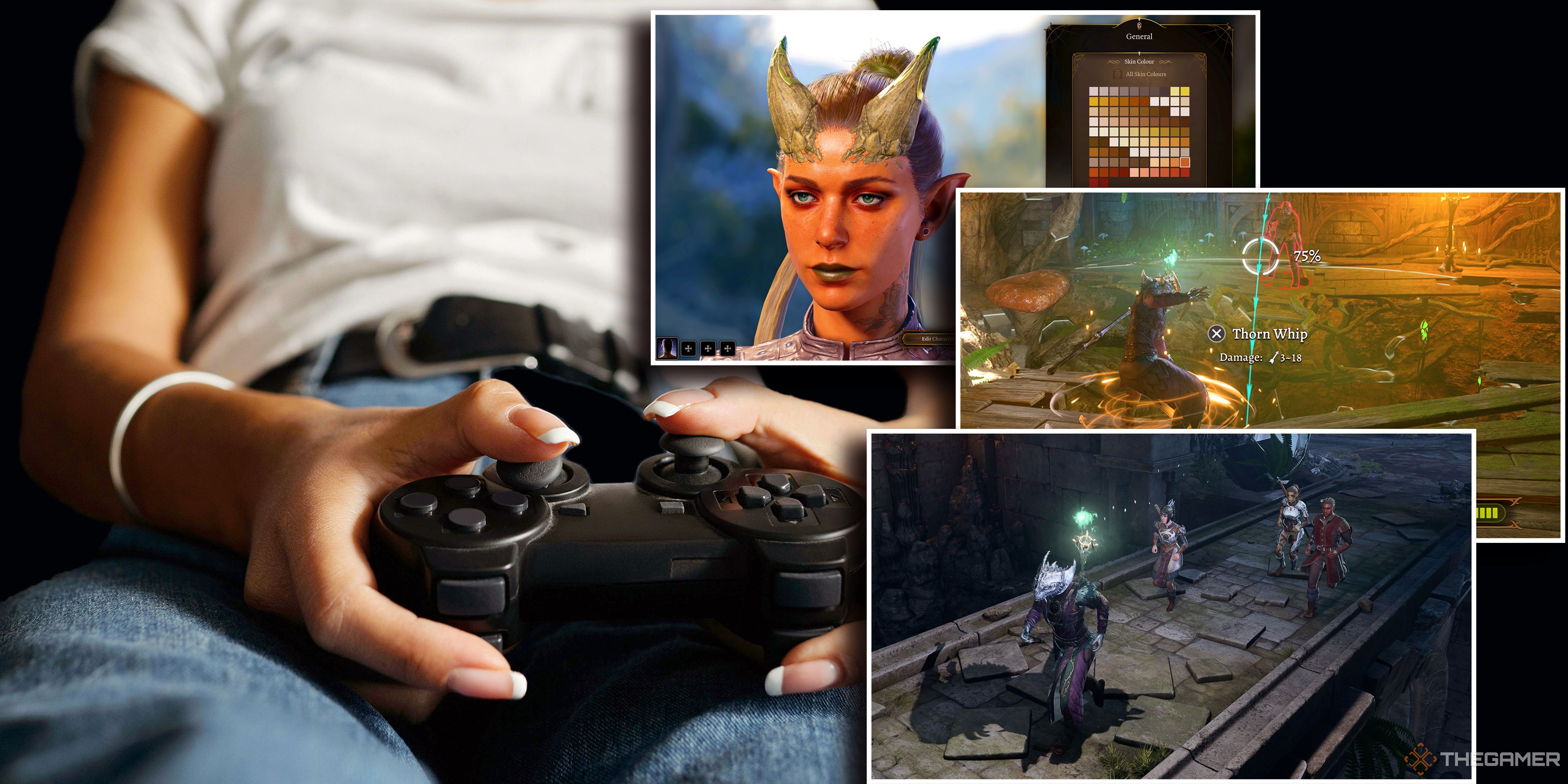 Screenshots from Baldur's Gate 3 over a picture of a person playing a game with a PlayStation controller.