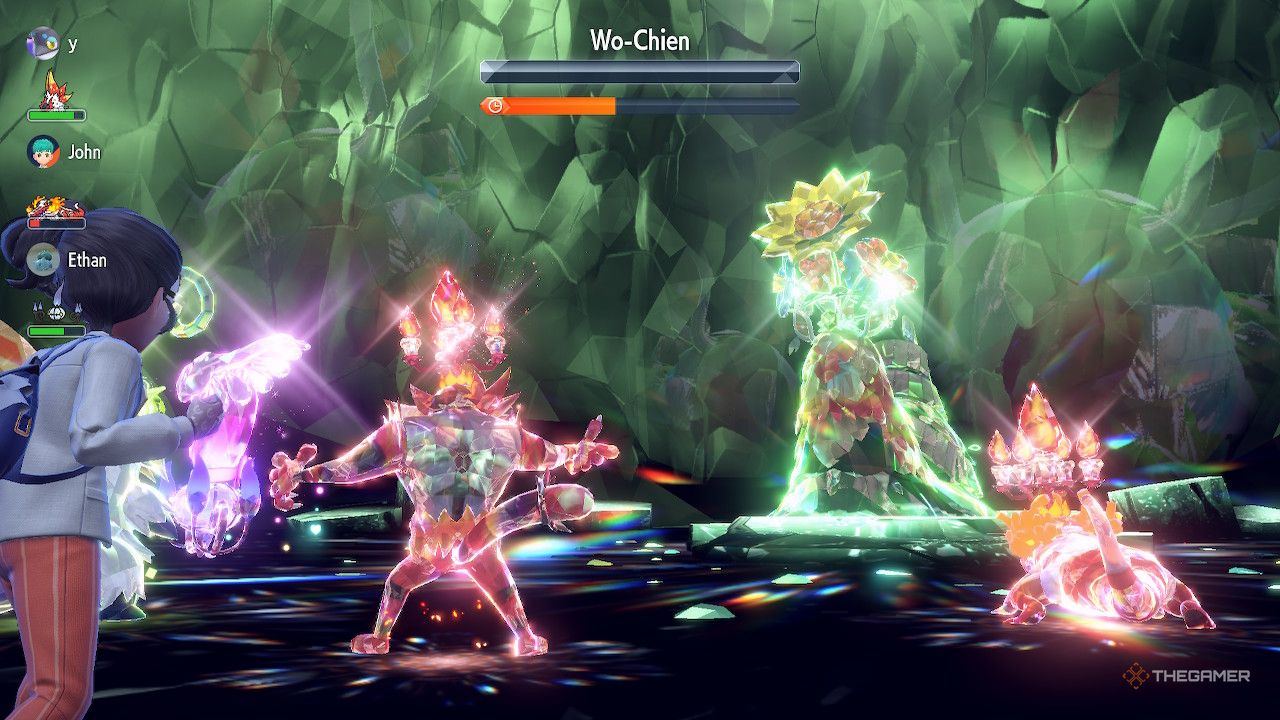 Incineroar și Team înving strălucitor Wo-Chien în timpul unei bătălii de raid Tera în Pokemon Scarlet și Violet.