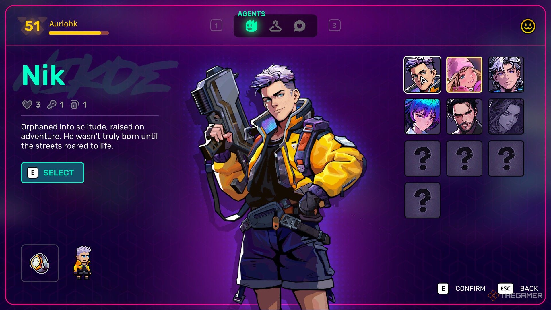 NIK, a young man with a white hair, talks about the text on the purple background and the text that describes him on the left side of Neon Abyss 2.