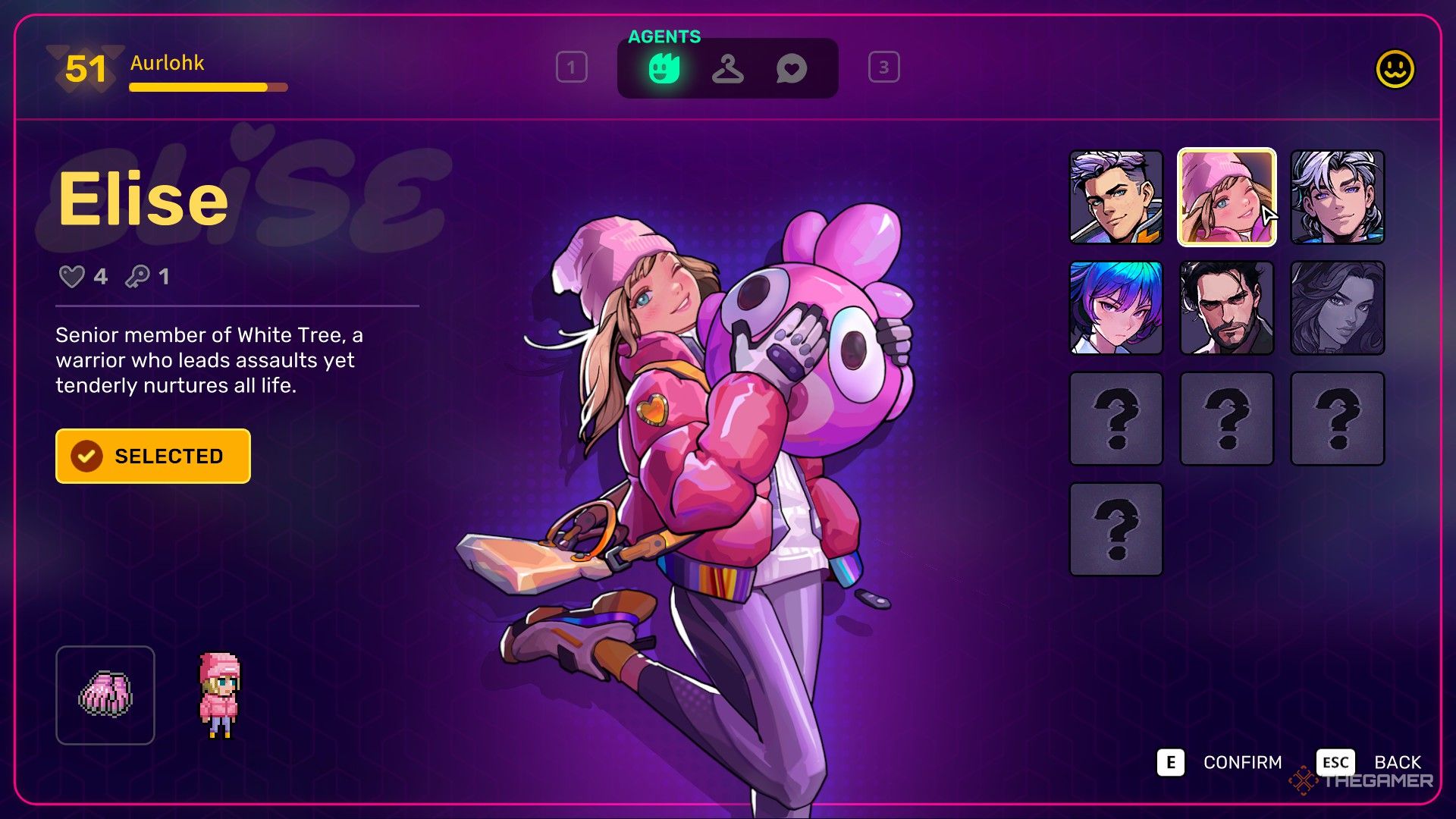 Ellis, a young girl with blond hair, and a text depicting her on the left side of Neon Avis 2 with a hatchimon sewing in purple background.