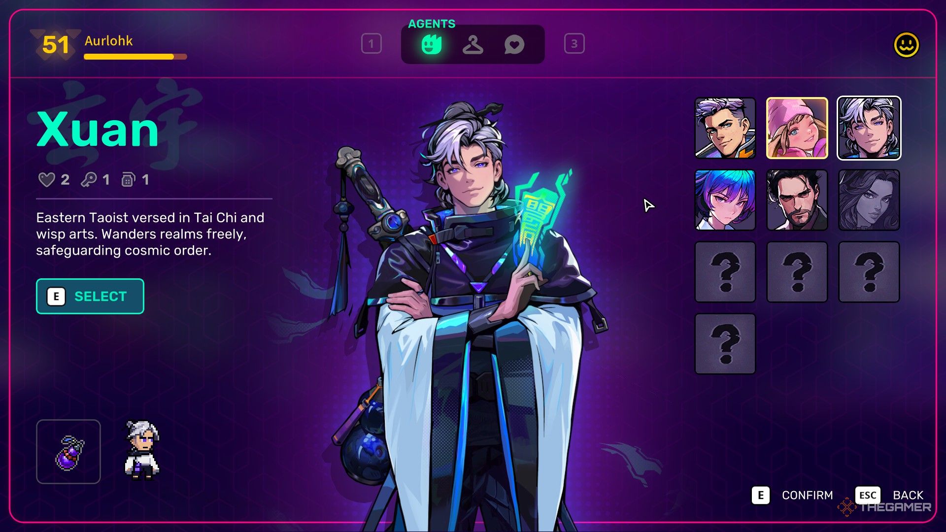 The young man with black and white hair, Xuan, holds an OFUDA in purple background and has a text depicting him on the left side of Neon AByss 2.