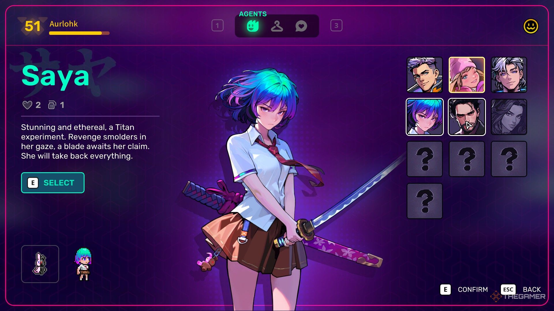 Saya with a teenage girl with blue hair, Katana, and the text on the left describe her about the purple background of Neon ABYSS 2.