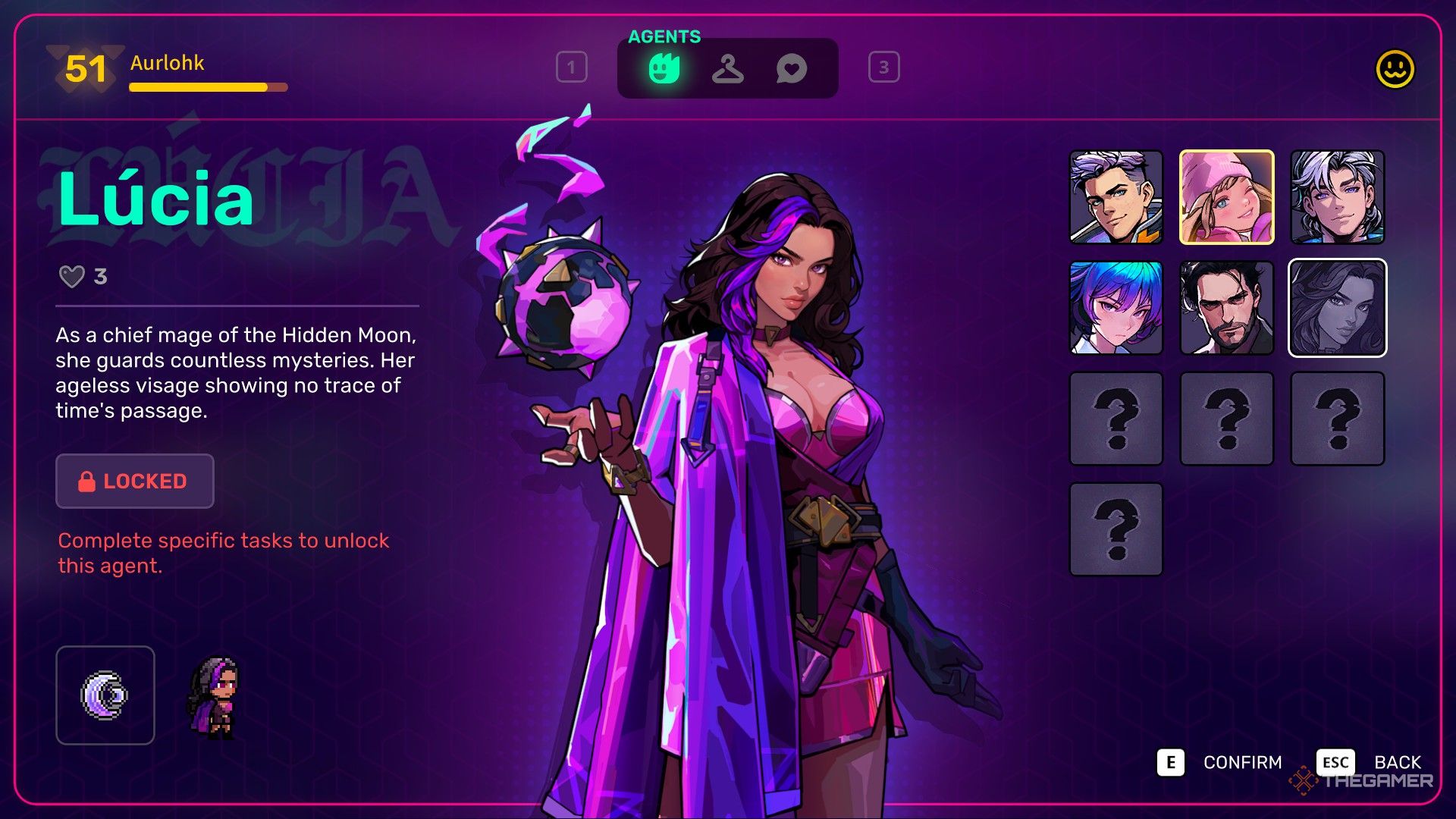 Lucia, a woman with purple cloak, depicts a left side of the purple background of Neon Abysss.