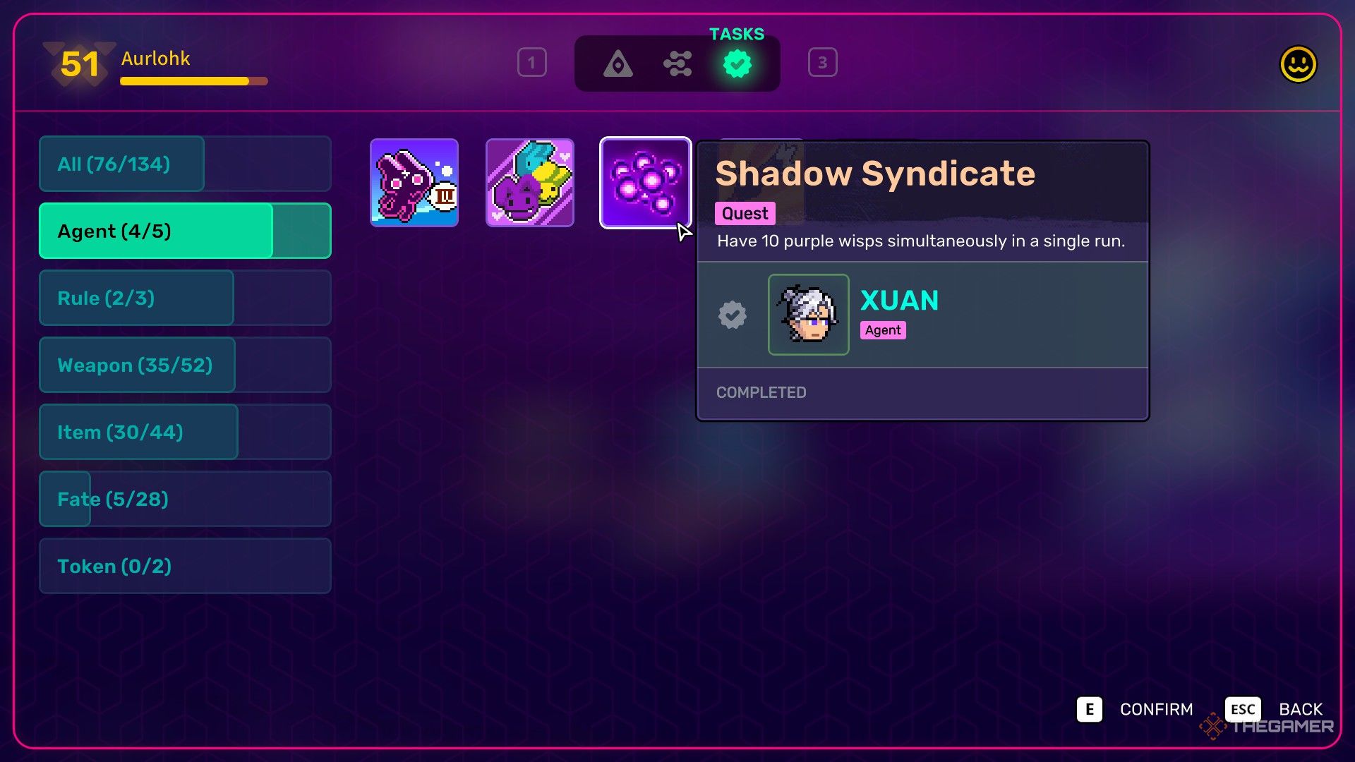 Work menu to focus on the agent tab and display some completed tasks, including the Xuan 'S of Neon Abyss 2.