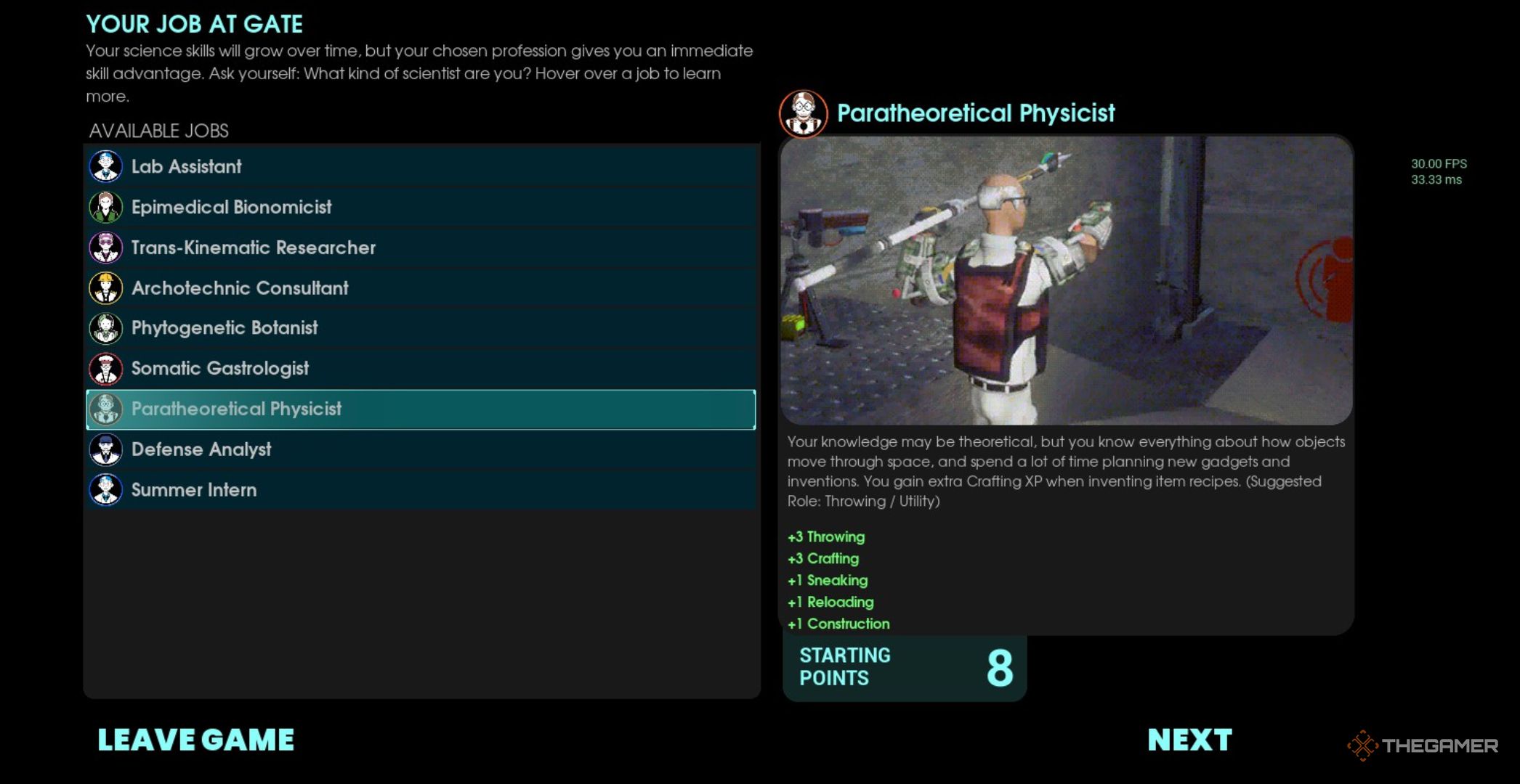 List of nine different jobs you can choose from and focus on the paratheoretical physicist in an abiotic factor.