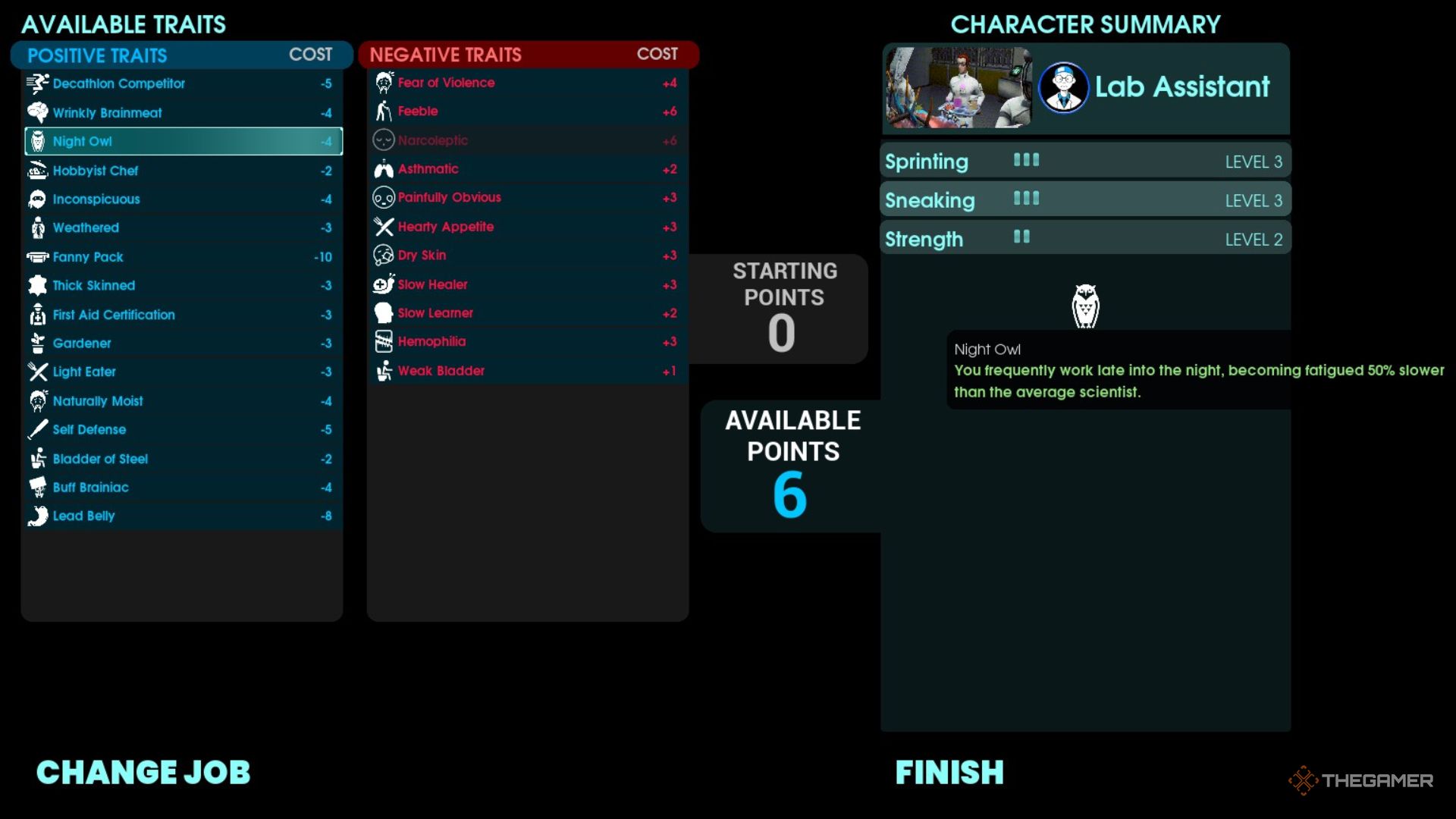 Screen for character adaptation shows a list of positive and negative properties you can choose from in an abiotic factor.