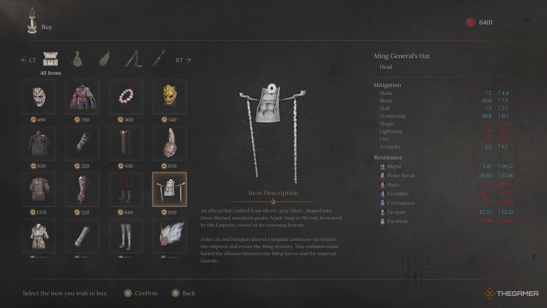 The player is watching Ming General's hat for sale in Wucang: Fallen Feathers.