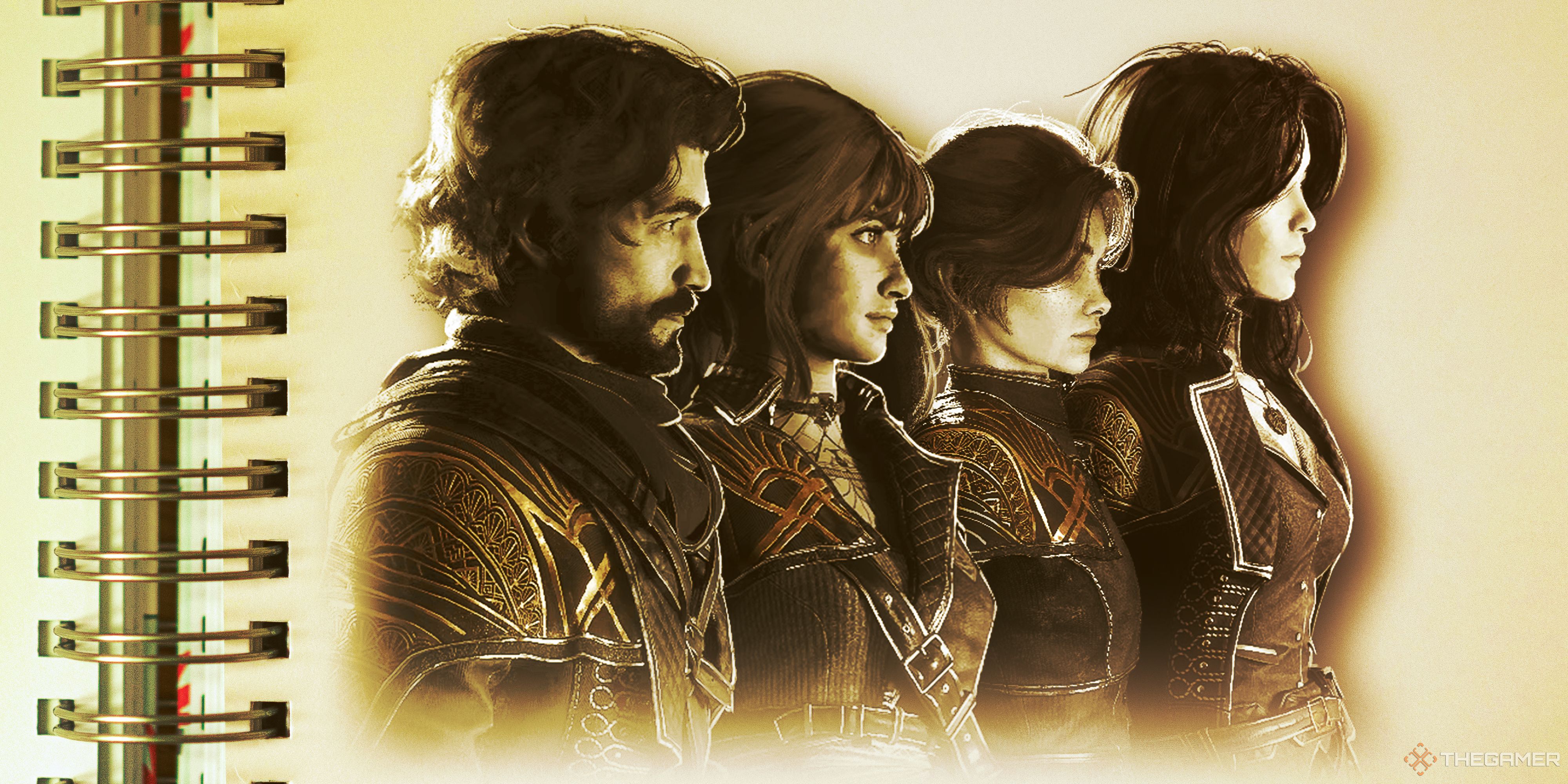 The main cast of Clair Obscur: Expedition 33 standing in profile in sepia tone on a notebook page.