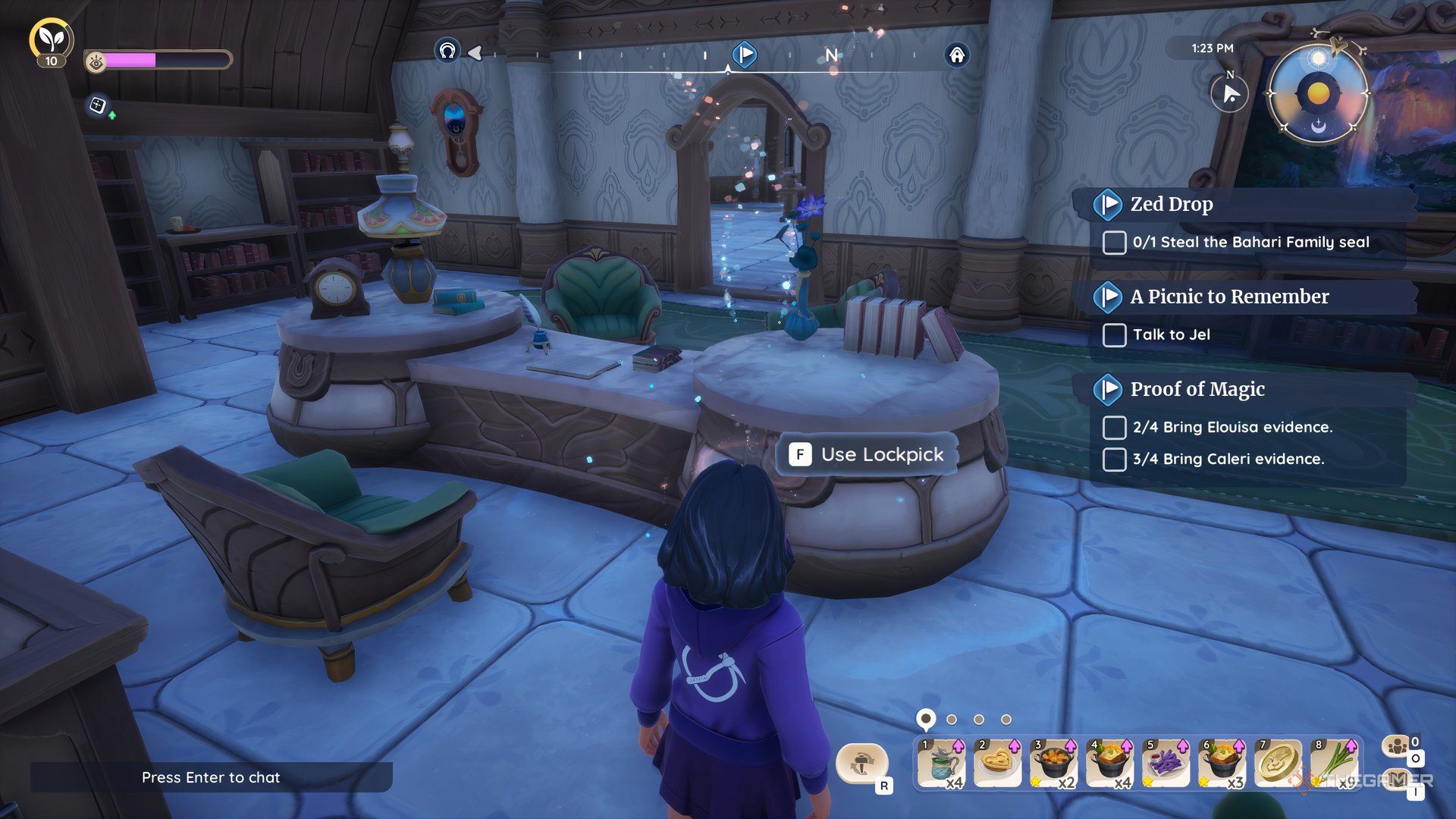 Using Lockpick to steal the Bahari family seal from Eshe's office in Palia.