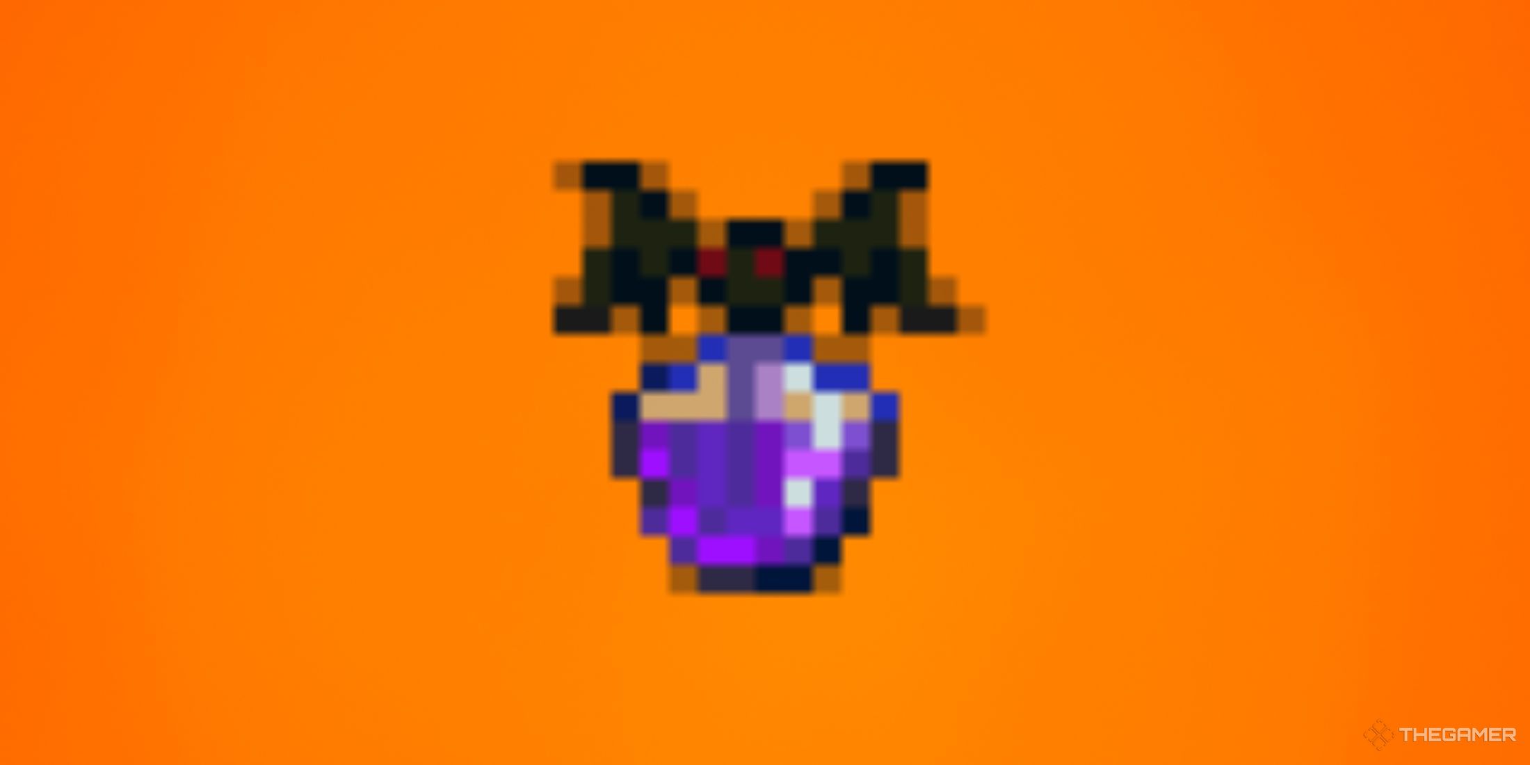 Monster Musk from Stardew Valley in front of an orange gradient backdrop.