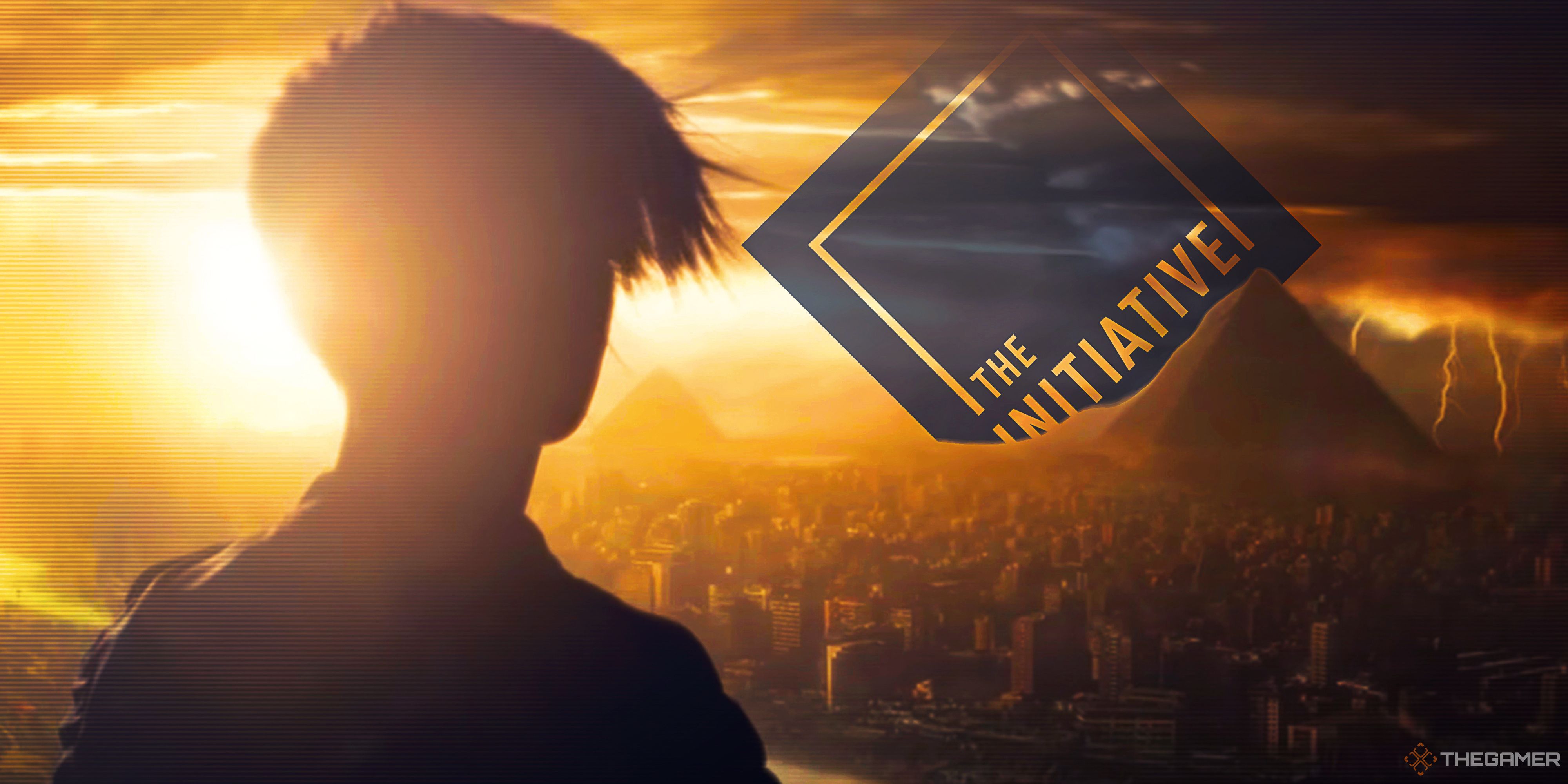 Perfect Dark's Joanna Dark, in silhouette, looks out over a city as the sun sets. In the distance, we see the logo for The Initiative.