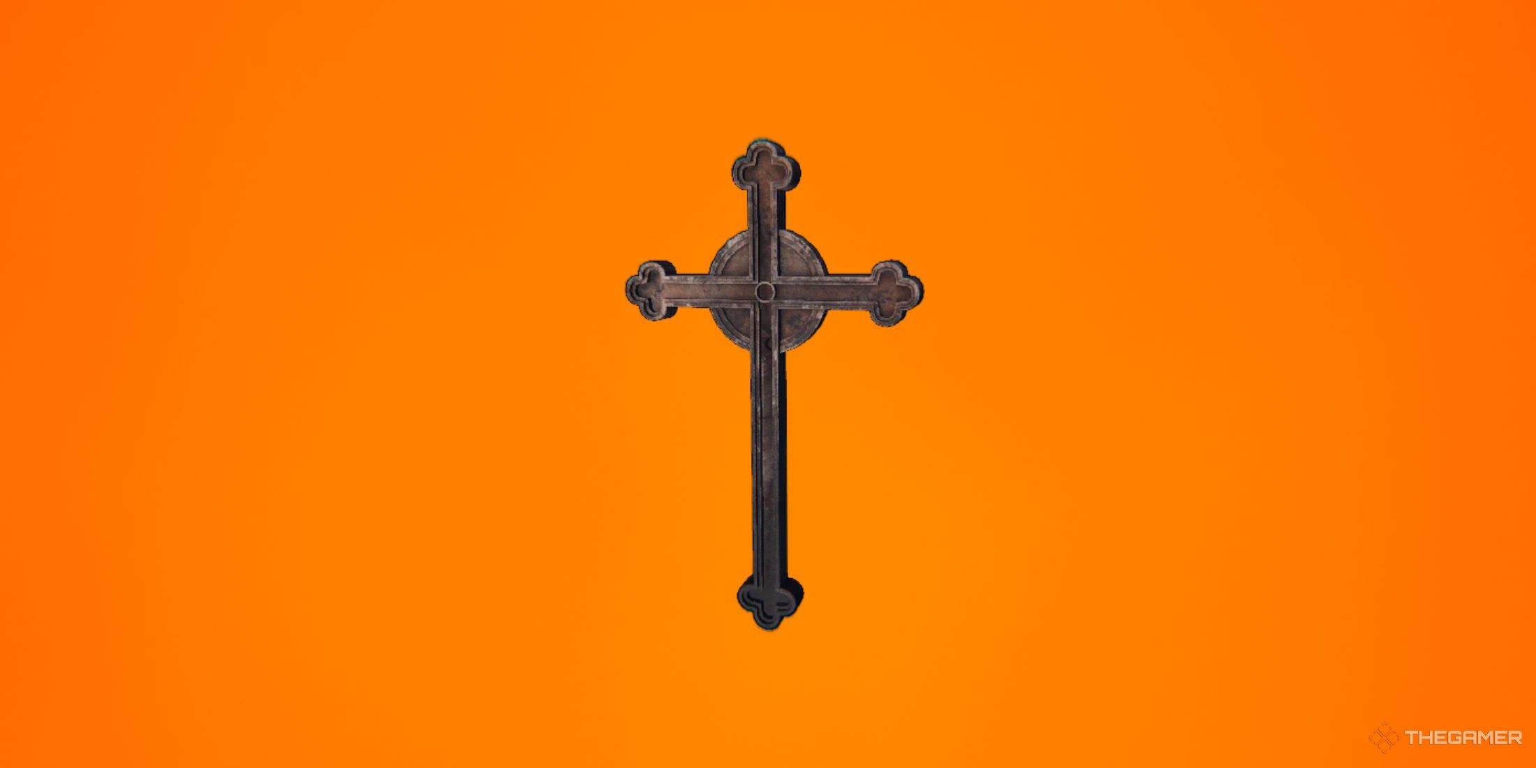 Crucifix from Phasmophobia in front of an orange gradient backdrop.