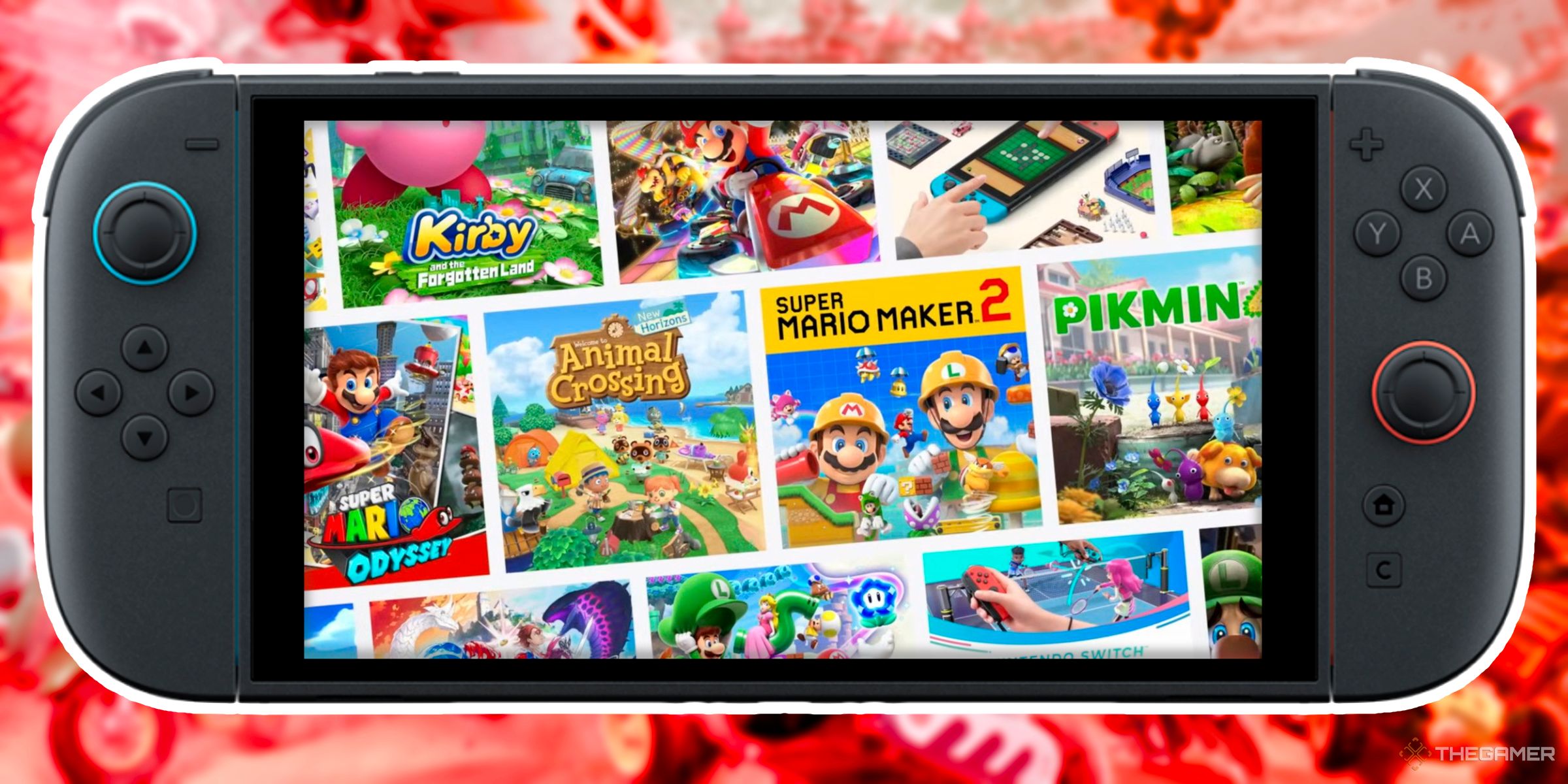 A bunch of Nintendo Switch One games icons shown inside of a Nintendo Switch 2.