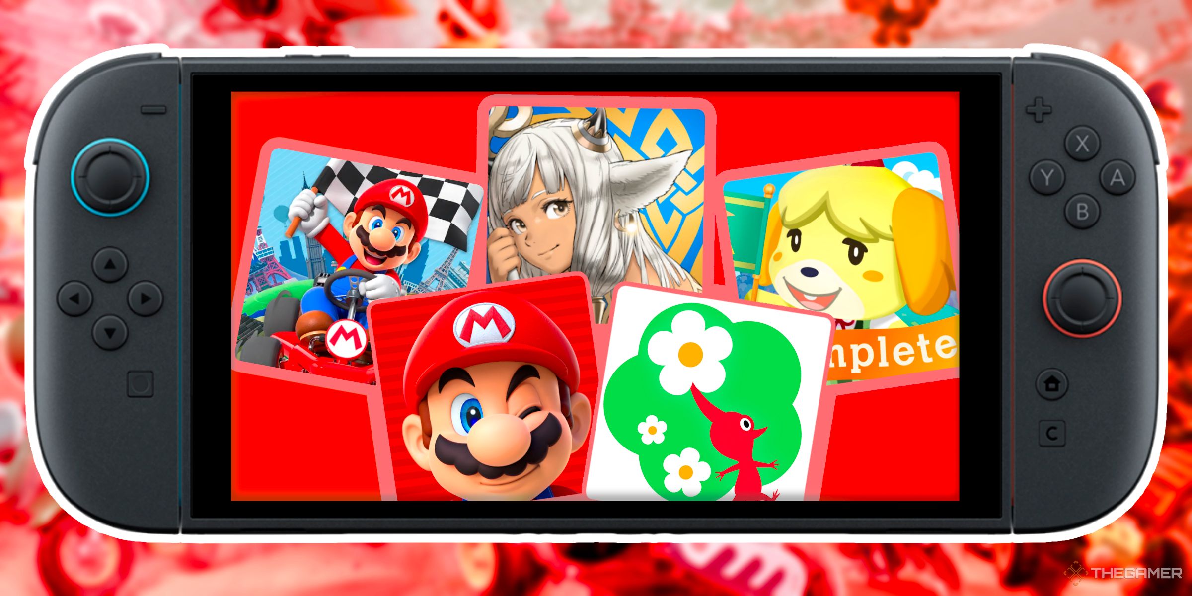 A collection of Nintendo's Mobile games including, Mario Kart Tour, Super Mario Run, Fire Emblem Heroes, Pikmin Bloom and Animal Crossing Pocket Camp Complete inside of a Nintendo Switch 2.