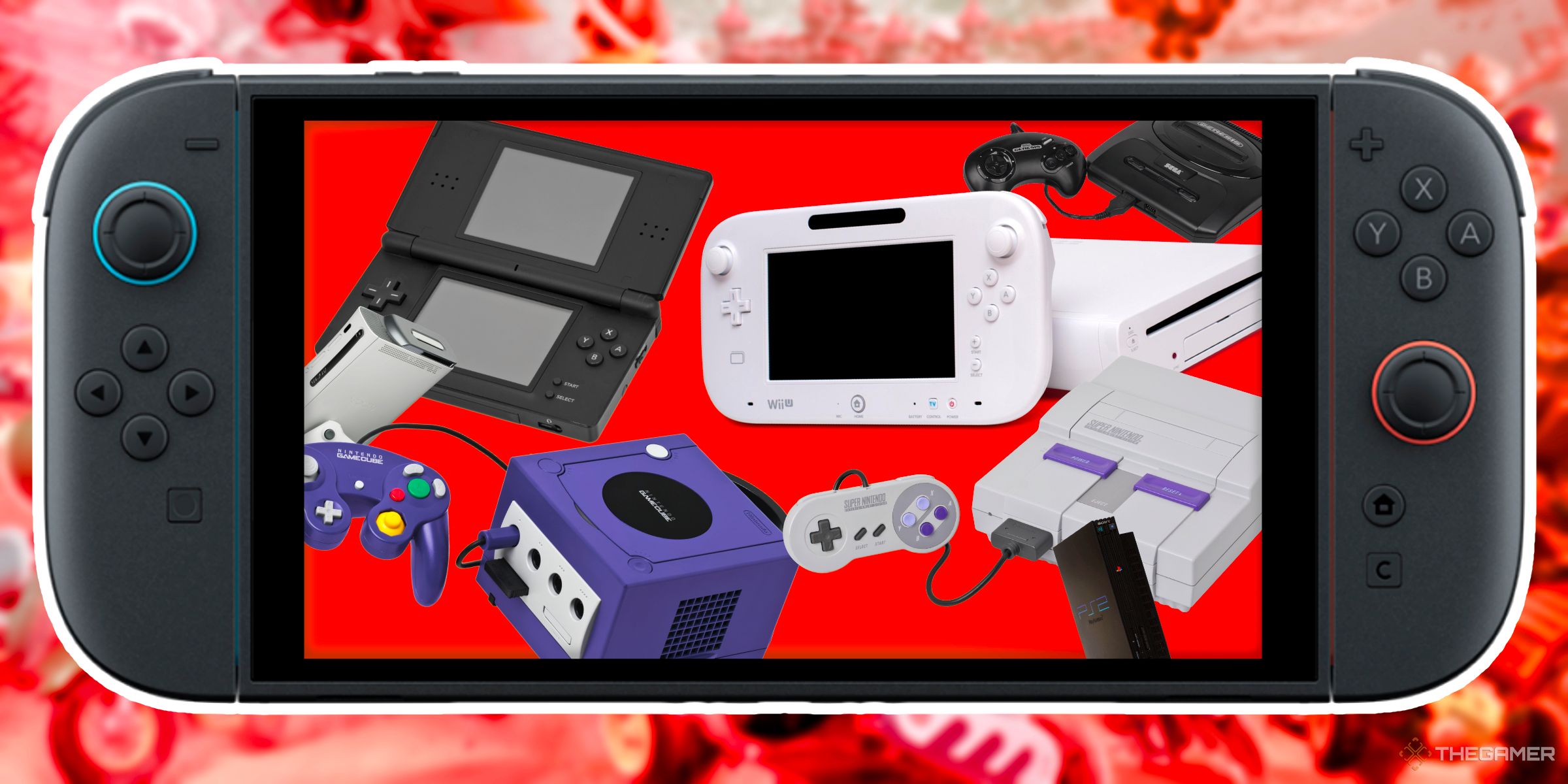 A collection of retro consoles including the Nintendo Wii U, DS, GameCube, SNES, Sega Genesis, PS2 and Xbox 360 inside of a Nintendo Switch 2.